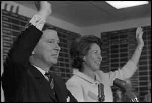 Primary view of object titled '[Photograph of Senator John Tower and Wife Waving]'.