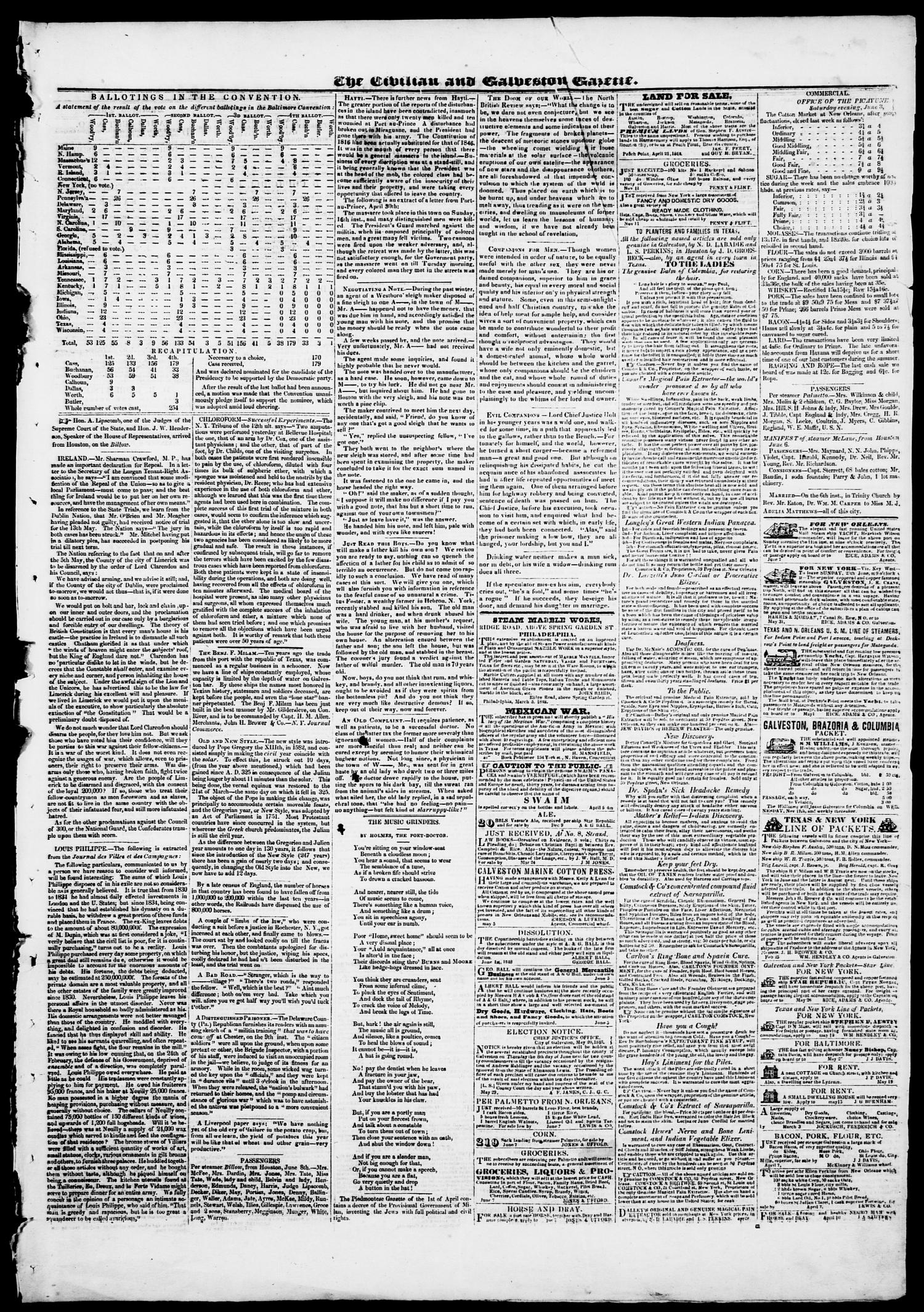 The Civilian and Galveston Gazette. (Galveston, Tex.), Vol. 10, Ed. 1, Friday, June 9, 1848
                                                
                                                    [Sequence #]: 3 of 4
                                                