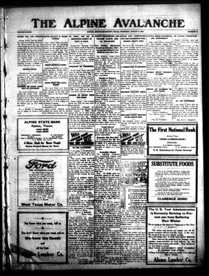 Primary view of object titled 'The Alpine Avalanche (Alpine, Tex.), Vol. 28, No. 31, Ed. 1 Thursday, August 8, 1918'.