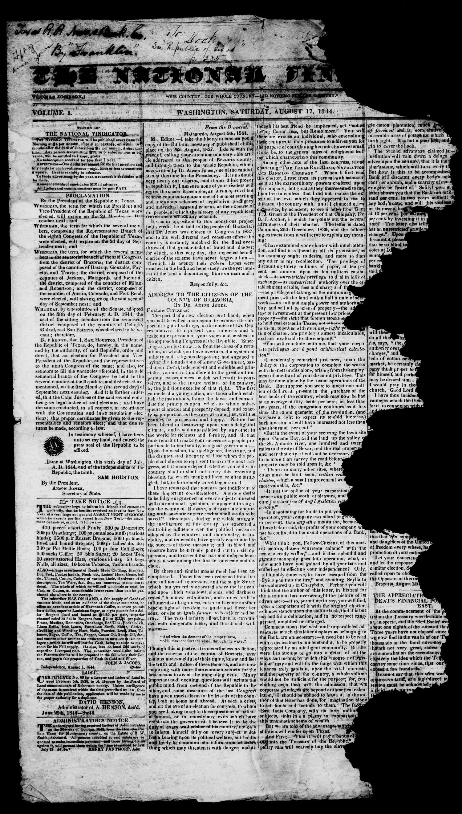The National Vindicator. (Washington, Tex.), Vol. 1, No. 51, Ed. 1, Saturday, August 17, 1844
                                                
                                                    [Sequence #]: 1 of 4
                                                