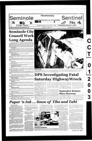 Primary view of object titled 'Seminole Sentinel (Seminole, Tex.), Vol. 95, No. 101, Ed. 1 Wednesday, October 1, 2003'.