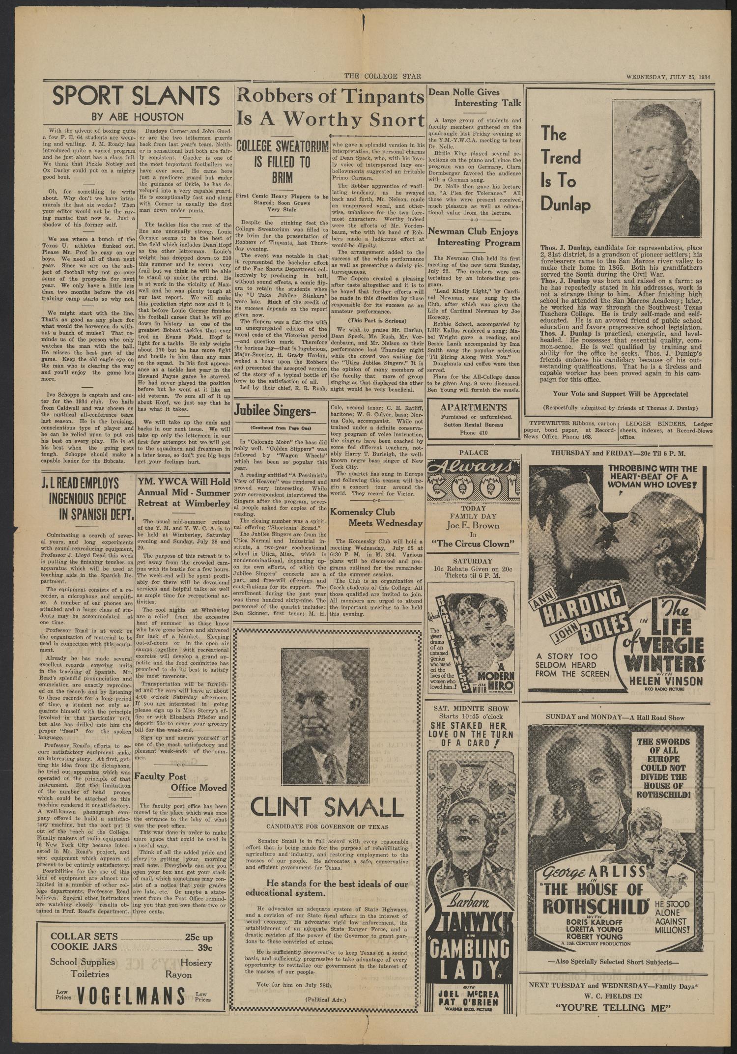 The College Star (San Marcos, Tex.), Vol. 26, No. 44, Ed. 1 Wednesday, July 25, 1934
                                                
                                                    [Sequence #]: 4 of 4
                                                