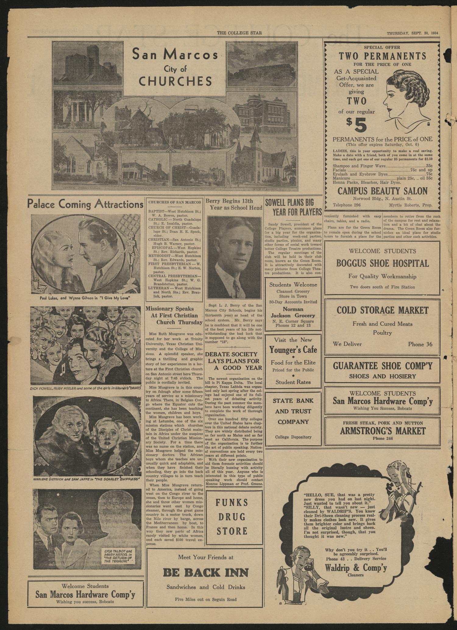 The College Star (San Marcos, Tex.), Vol. 27, No. 1, Ed. 1 Thursday, September 20, 1934
                                                
                                                    [Sequence #]: 2 of 8
                                                