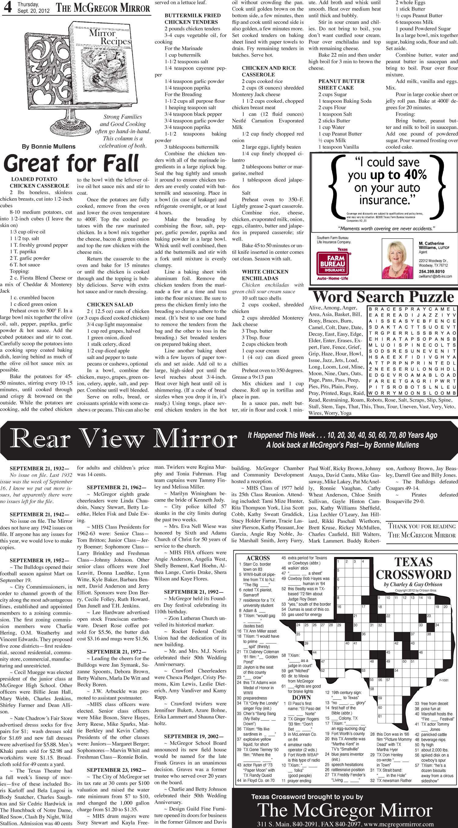 The McGregor Mirror and the Crawford Sun (McGregor, Tex.), Vol. 108, No. 38, Ed. 1 Thursday, September 20, 2012
                                                
                                                    [Sequence #]: 4 of 14
                                                