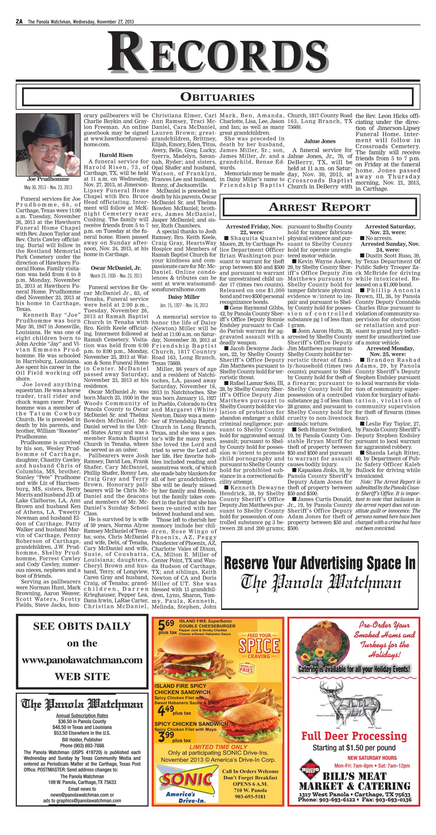The Panola Watchman (Carthage, Tex.), Vol. 141, No. 95, Ed. 1 Wednesday, November 27, 2013
                                                
                                                    [Sequence #]: 2 of 20
                                                