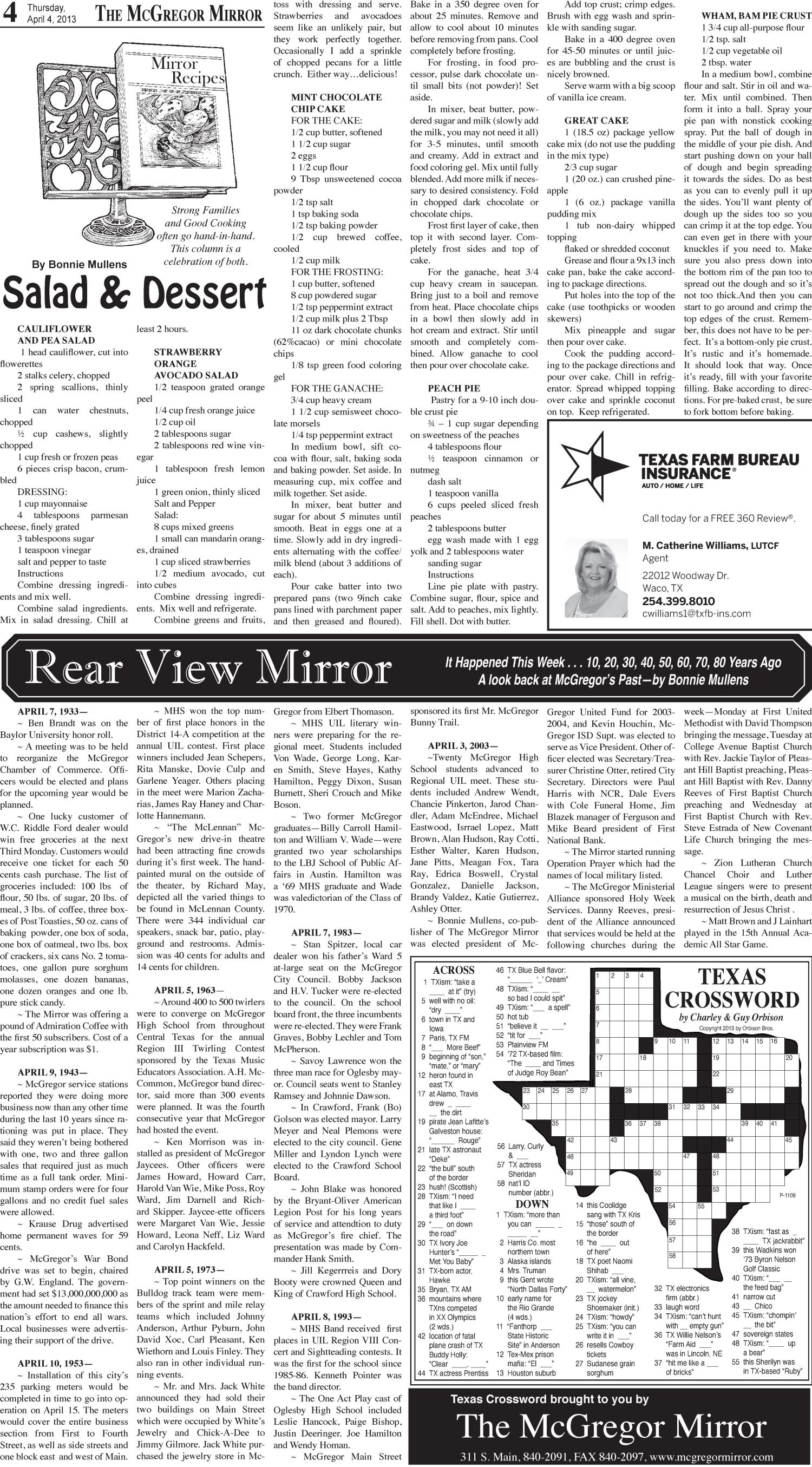 The McGregor Mirror and the Crawford Sun (McGregor, Tex.), Vol. 108, No. 14, Ed. 1 Thursday, April 4, 2013
                                                
                                                    [Sequence #]: 4 of 12
                                                
