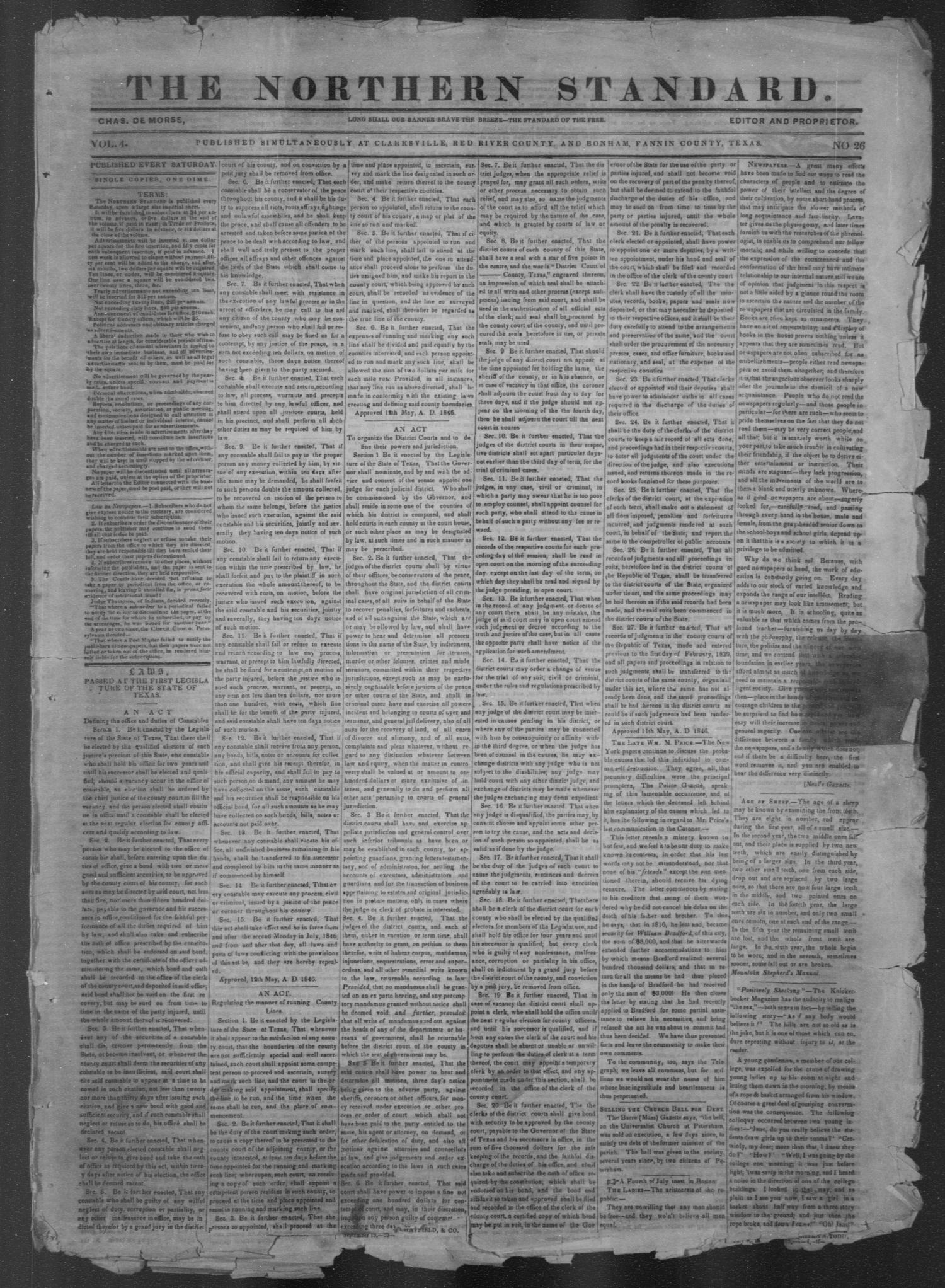 The Northern Standard. (Clarksville, Tex.), Vol. 4, No. 26, Ed. 1, Saturday, October 17, 1846
                                                
                                                    [Sequence #]: 1 of 4
                                                
