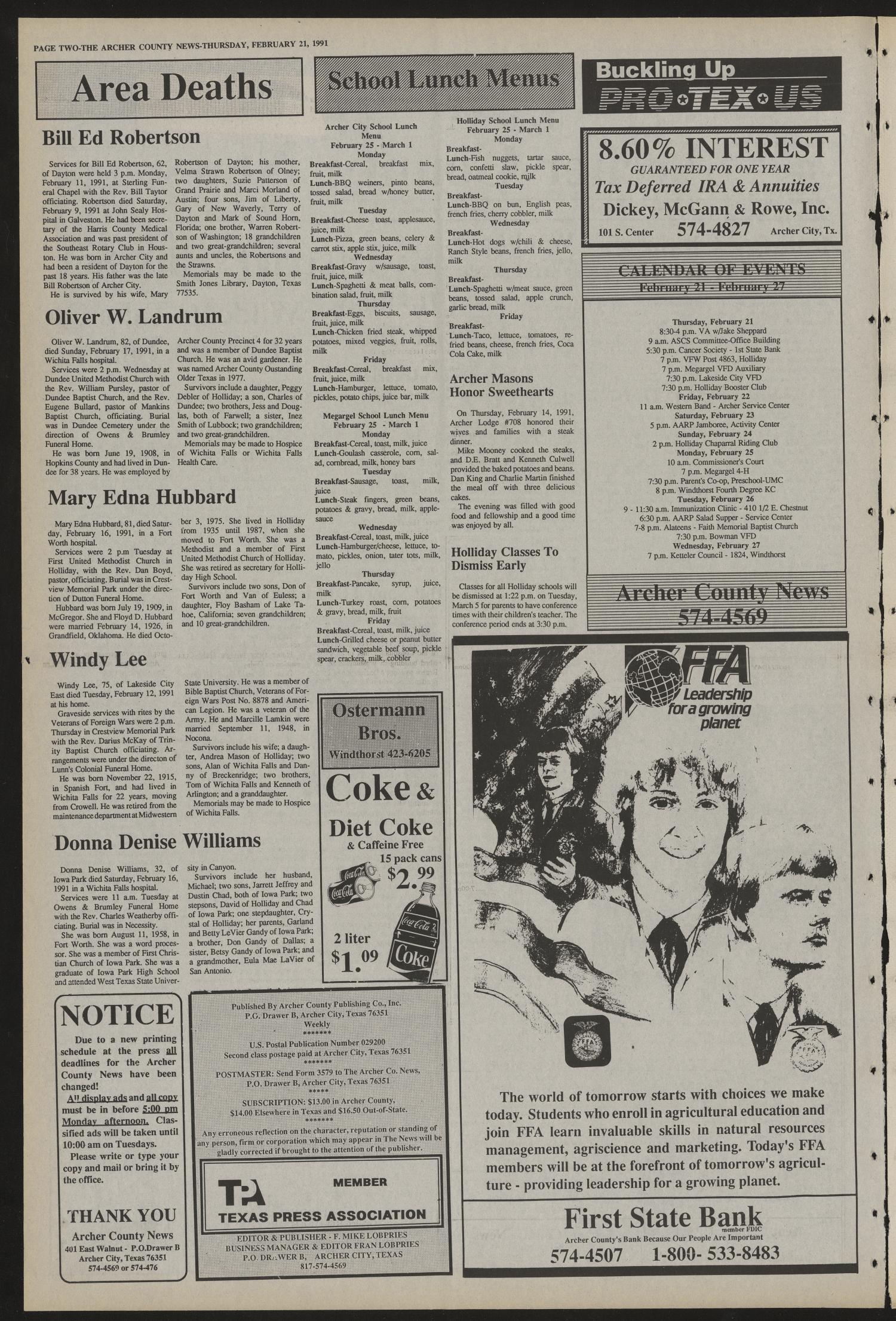 Archer County News (Archer City, Tex.), No. 8, Ed. 1 Thursday, February 21, 1991
                                                
                                                    [Sequence #]: 2 of 8
                                                