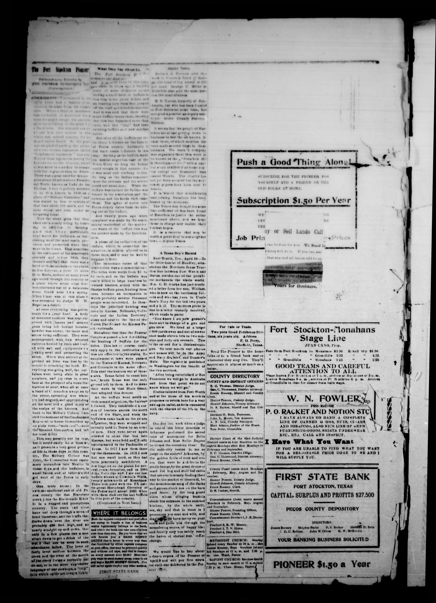 The Fort Stockton Pioneer. (Fort Stockton, Tex.), Vol. 1, No. 3, Ed. 1 Thursday, April 16, 1908
                                                
                                                    [Sequence #]: 4 of 4
                                                