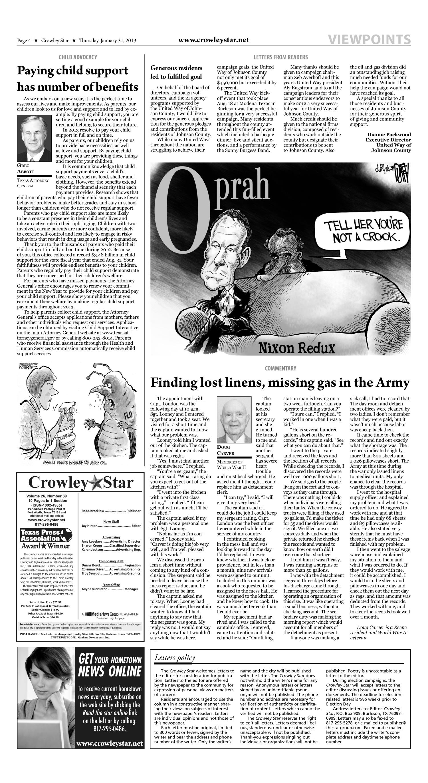 Crowley Star (Crowley, Tex.), Vol. 26, No. 39, Ed. 1 Thursday, January 31, 2013
                                                
                                                    [Sequence #]: 4 of 10
                                                