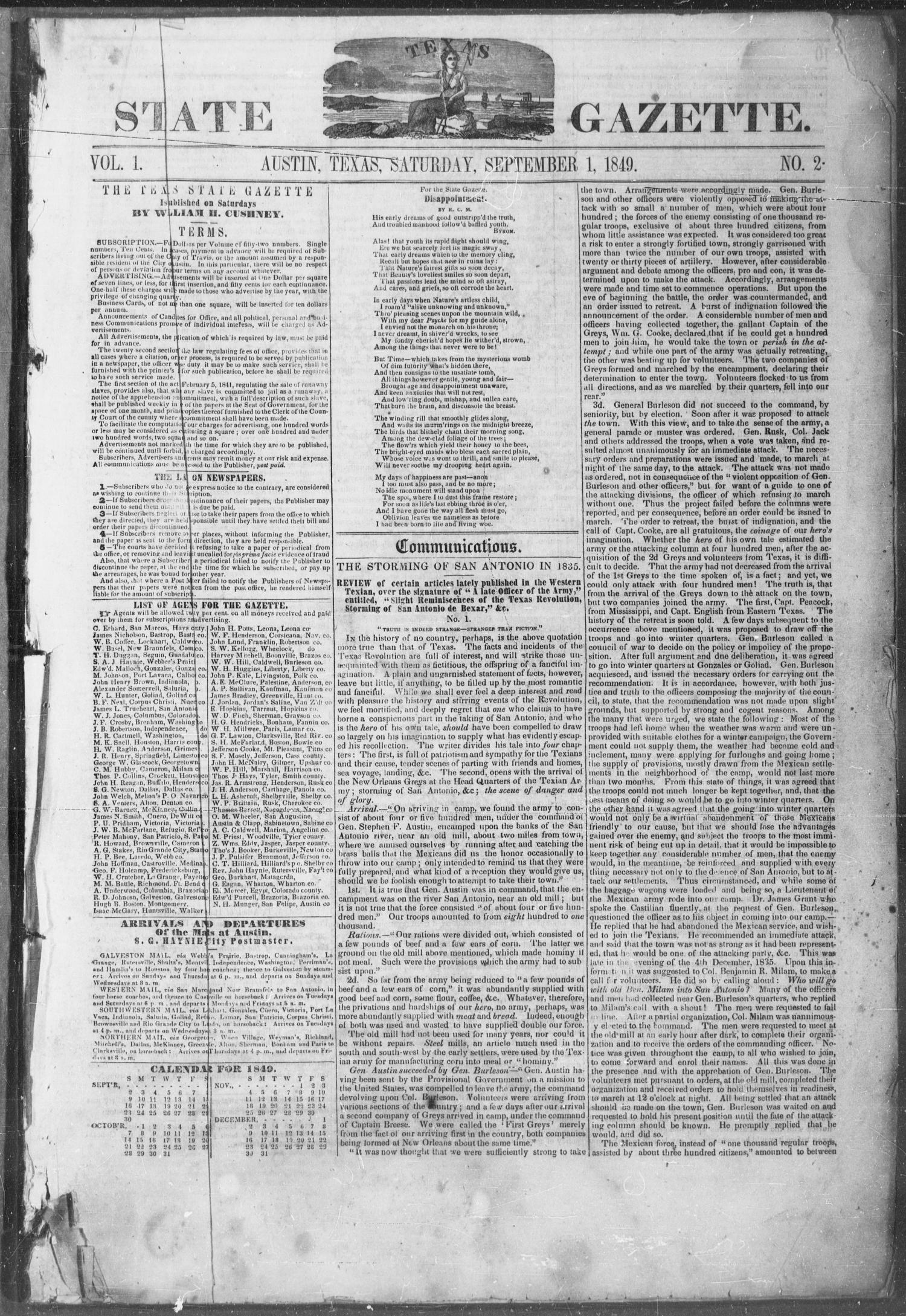 Texas State Gazette. (Austin, Tex.), Vol. 1, No. 2, Ed. 1, Saturday, September 1, 1849
                                                
                                                    [Sequence #]: 1 of 8
                                                