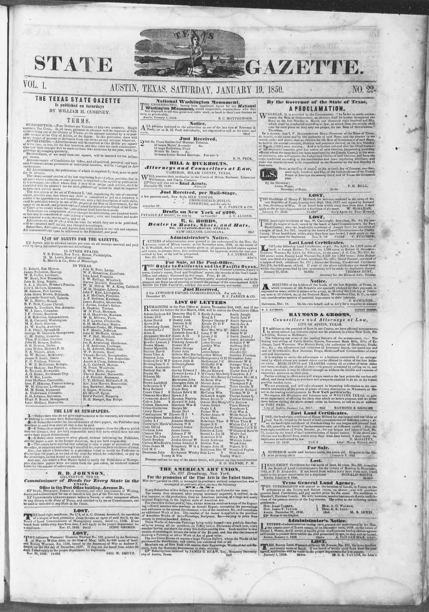 Texas State Gazette. (Austin, Tex.), Vol. 1, No. 22, Ed. 1, Saturday, January 19, 1850
                                                
                                                    [Sequence #]: 1 of 8
                                                