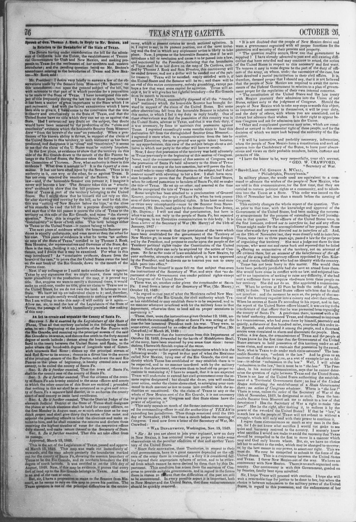 Texas State Gazette. (Austin, Tex.), Vol. 2, No. 10, Ed. 1, Saturday, October 26, 1850
                                                
                                                    [Sequence #]: 4 of 8
                                                