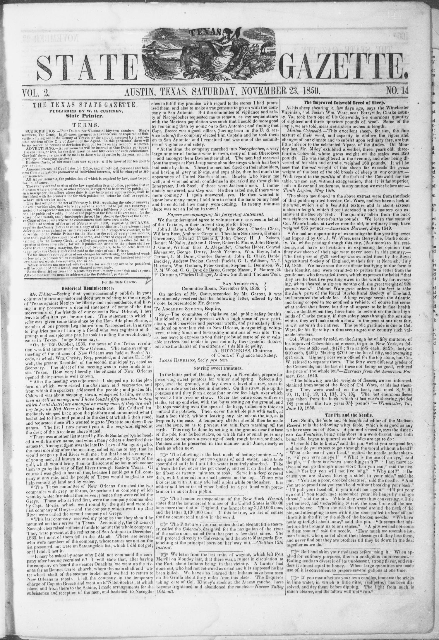 Texas State Gazette. (Austin, Tex.), Vol. 2, No. 14, Ed. 1, Saturday, November 23, 1850
                                                
                                                    [Sequence #]: 1 of 8
                                                