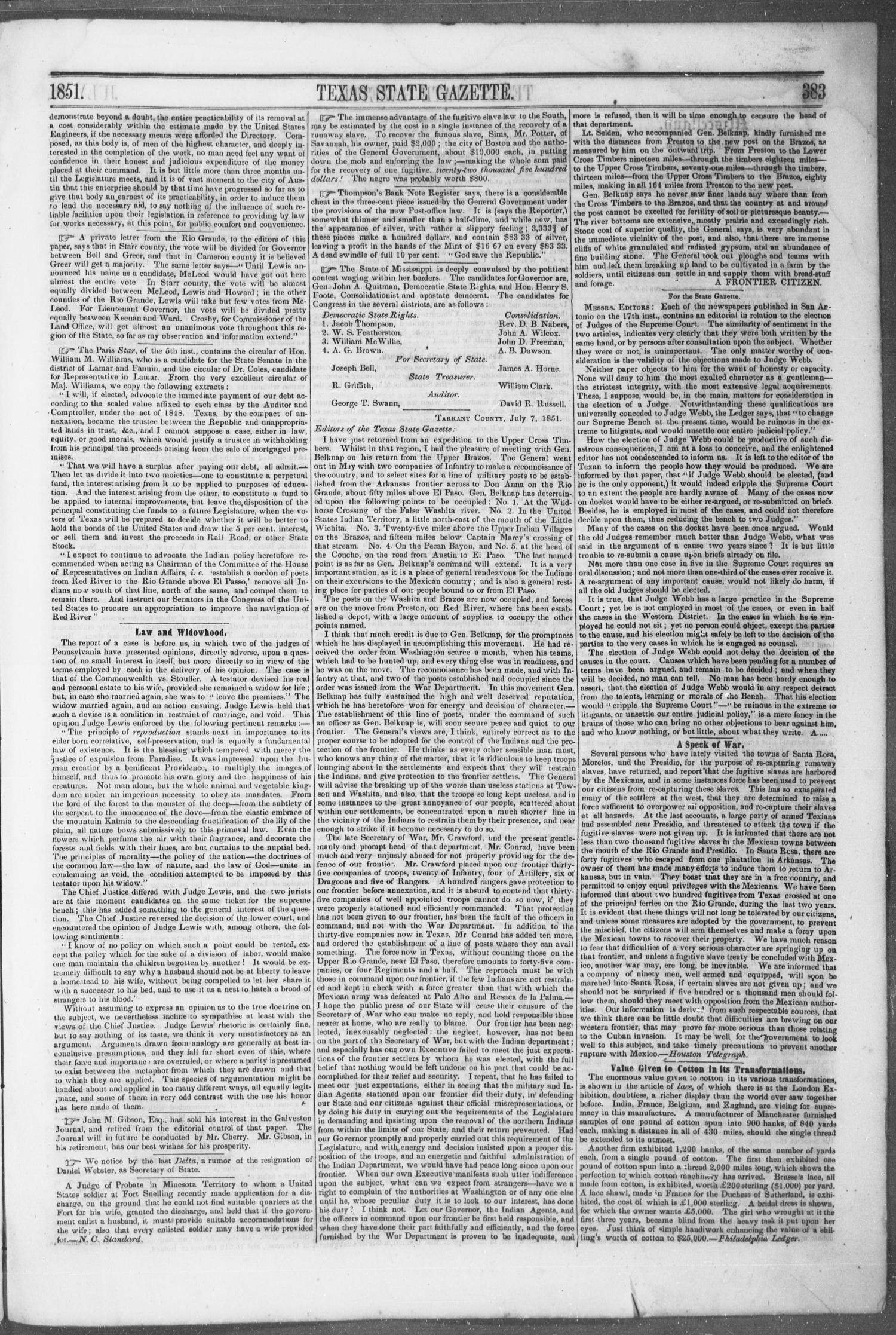 Texas State Gazette. (Austin, Tex.), Vol. 2, No. 49, Ed. 1, Saturday, July 26, 1851
                                                
                                                    [Sequence #]: 3 of 8
                                                