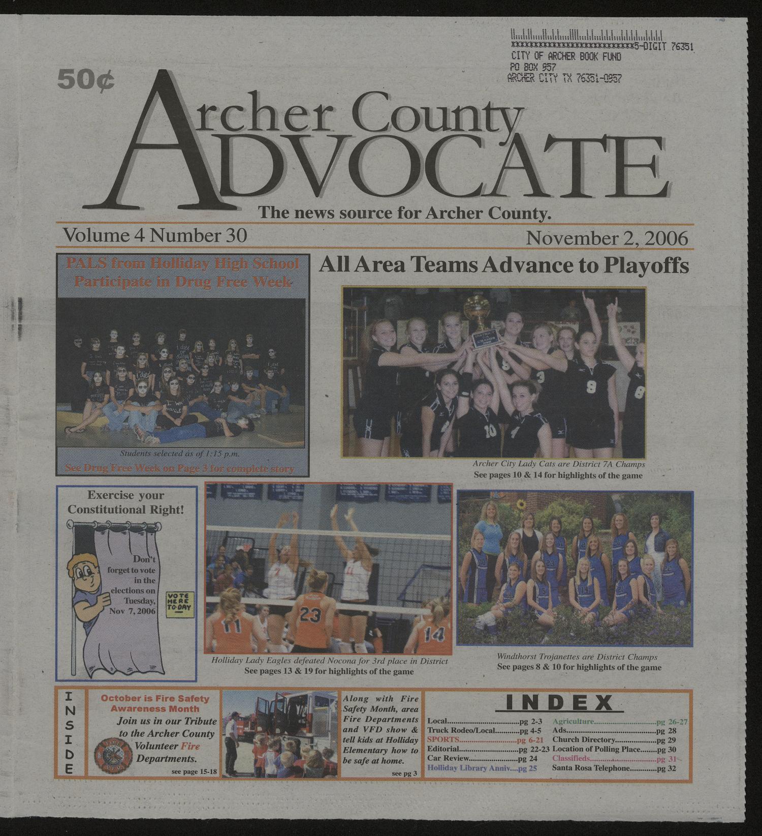 Archer County Advocate (Holliday, Tex.), Vol. 4, No. 30, Ed. 1 Thursday, November 2, 2006
                                                
                                                    [Sequence #]: 1 of 32
                                                