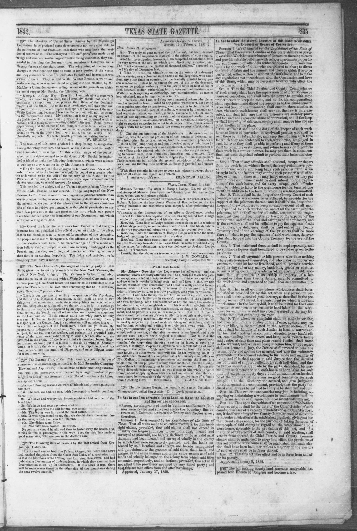 Texas State Gazette. (Austin, Tex.), Vol. 3, No. 30, Ed. 1, Saturday, March 13, 1852
                                                
                                                    [Sequence #]: 3 of 8
                                                