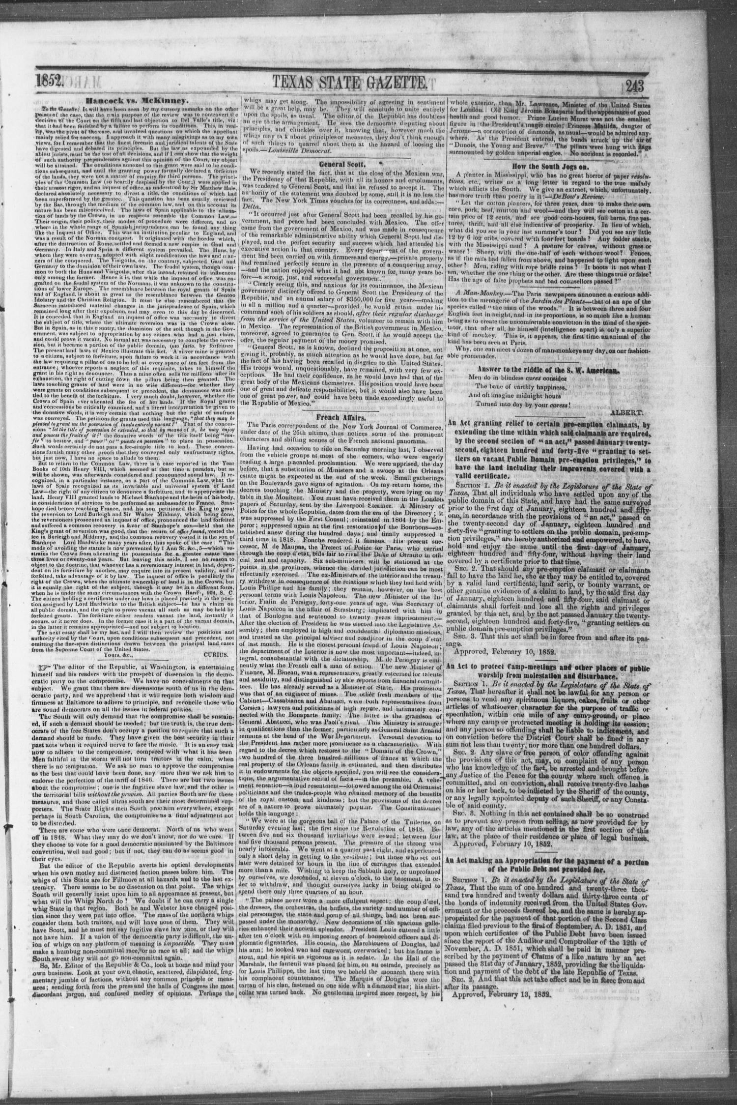 Texas State Gazette. (Austin, Tex.), Vol. 3, No. 31, Ed. 1, Saturday, March 20, 1852
                                                
                                                    [Sequence #]: 3 of 8
                                                