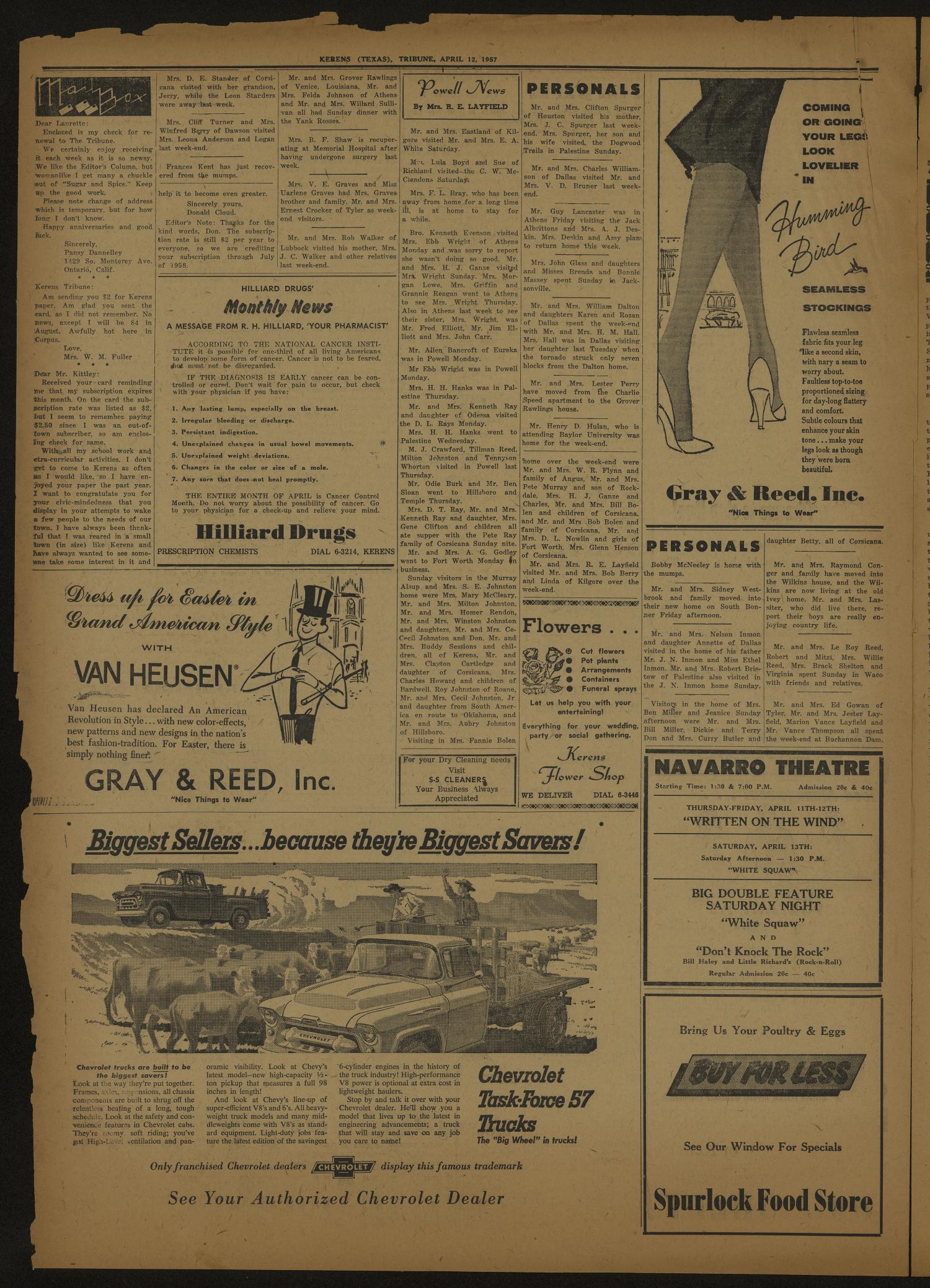 The Kerens Tribune (Kerens, Tex.), Vol. 64, No. 15, Ed. 1 Friday, April 12, 1957
                                                
                                                    [Sequence #]: 4 of 4
                                                