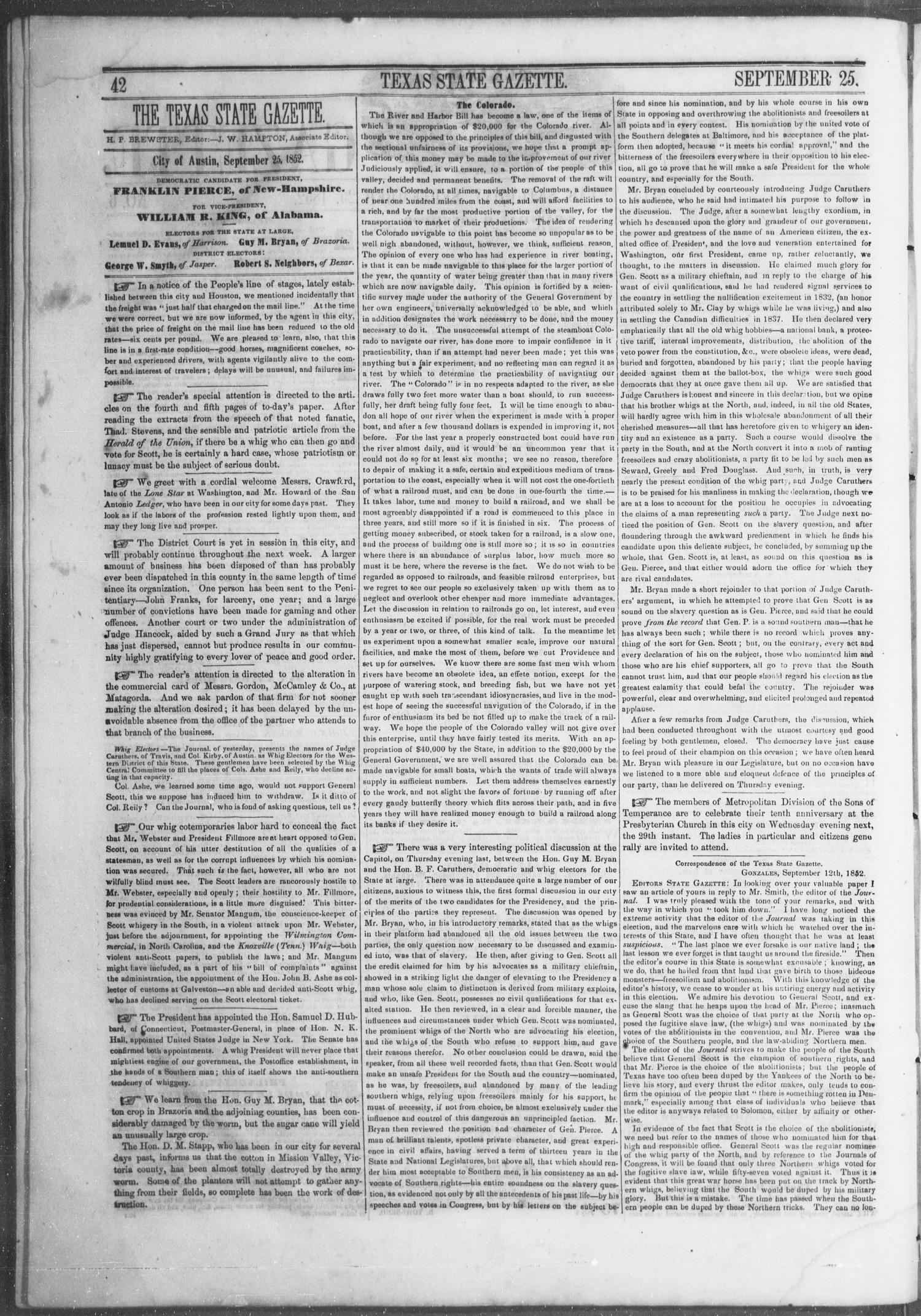 Texas State Gazette. (Austin, Tex.), Vol. 4, No. 6, Ed. 1, Saturday, September 25, 1852
                                                
                                                    [Sequence #]: 2 of 8
                                                