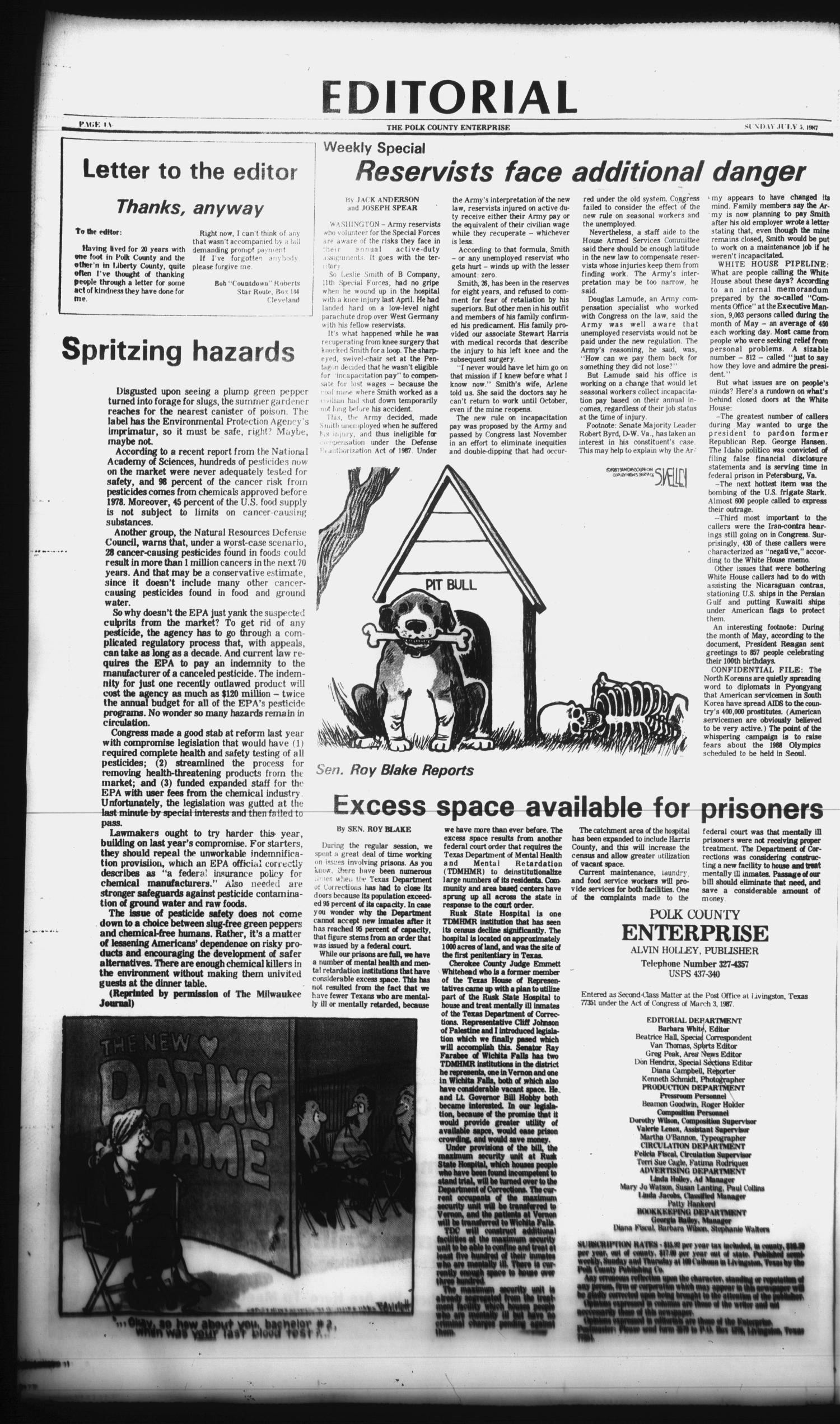 Polk County Enterprise (Livingston, Tex.), Vol. 105, No. 54, Ed. 1 Sunday, July 5, 1987
                                                
                                                    [Sequence #]: 4 of 18
                                                