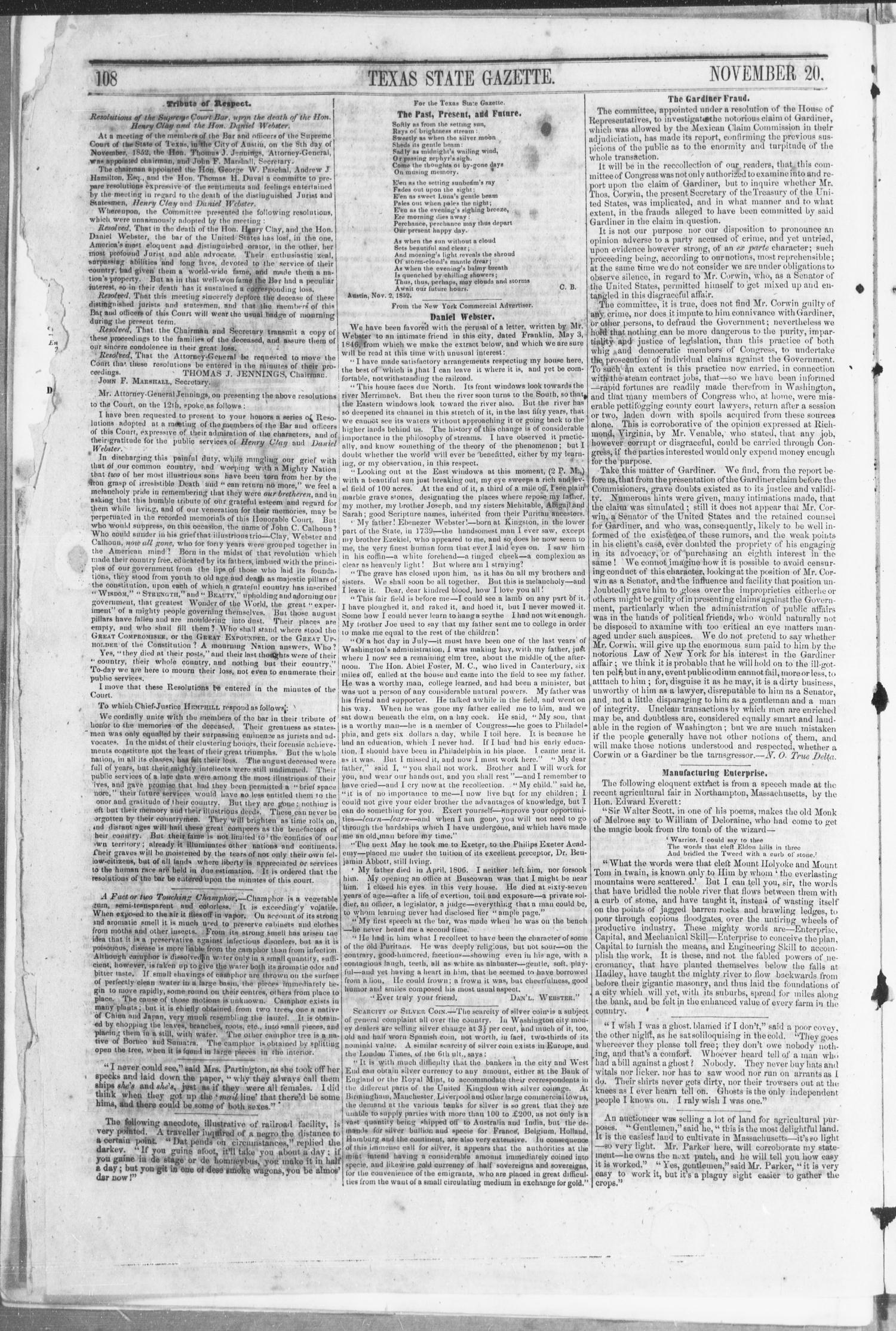 Texas State Gazette. (Austin, Tex.), Vol. 4, No. 14, Ed. 1, Saturday, November 20, 1852
                                                
                                                    [Sequence #]: 4 of 8
                                                