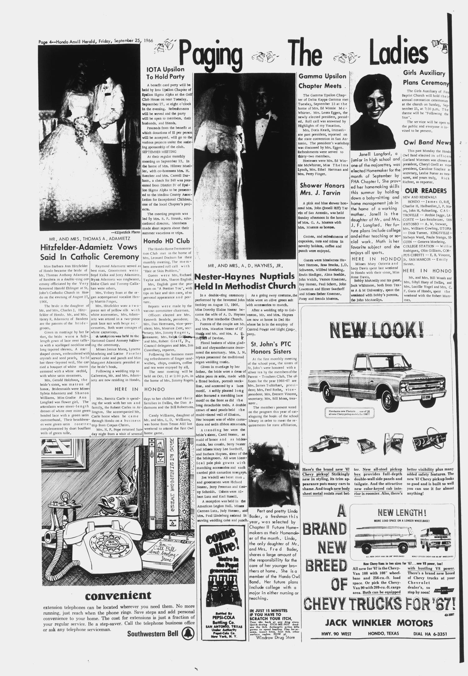 The Hondo Anvil Herald (Hondo, Tex.), Vol. 80, No. 38, Ed. 1 Friday, September 23, 1966
                                                
                                                    [Sequence #]: 4 of 12
                                                