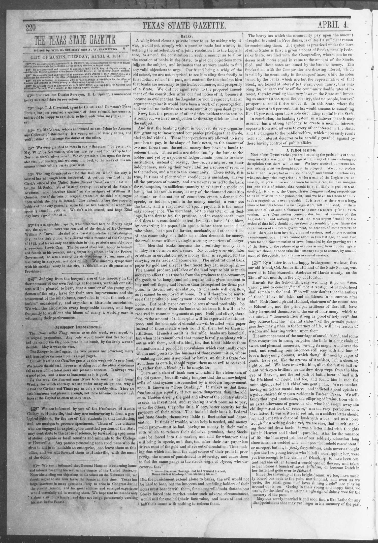 Texas State Gazette. (Austin, Tex.), Vol. 5, No. 32, Ed. 1, Tuesday, April 4, 1854
                                                
                                                    [Sequence #]: 2 of 8
                                                