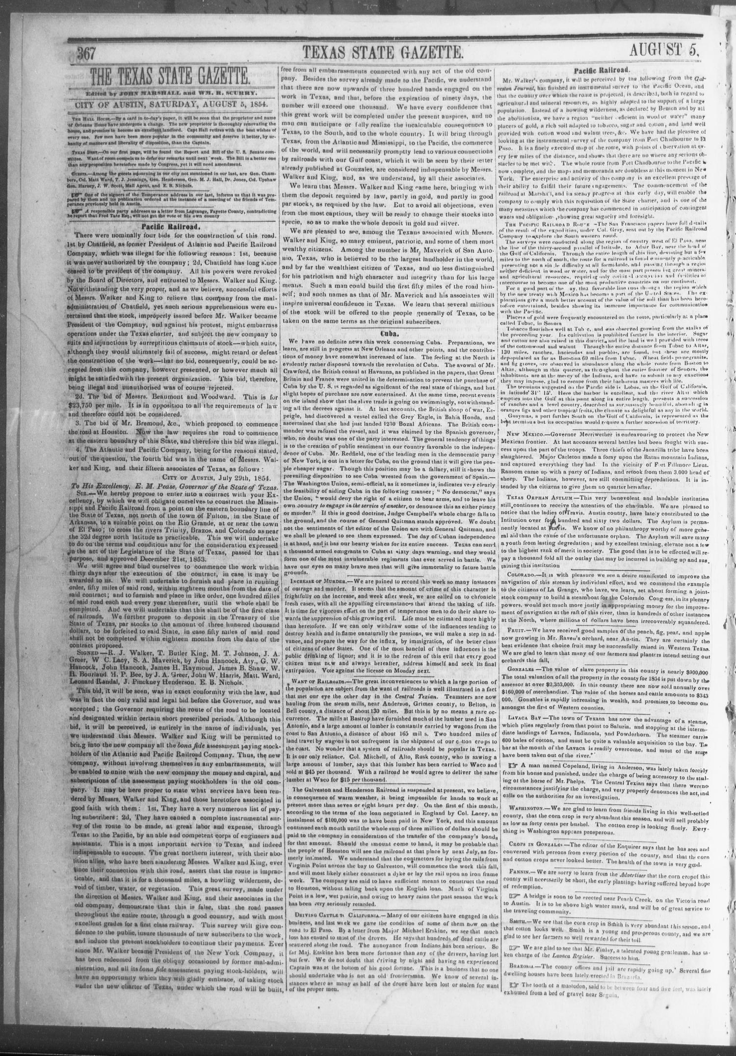 Texas State Gazette. (Austin, Tex.), Vol. 5, No. 50, Ed. 1, Saturday, August 5, 1854
                                                
                                                    [Sequence #]: 4 of 8
                                                