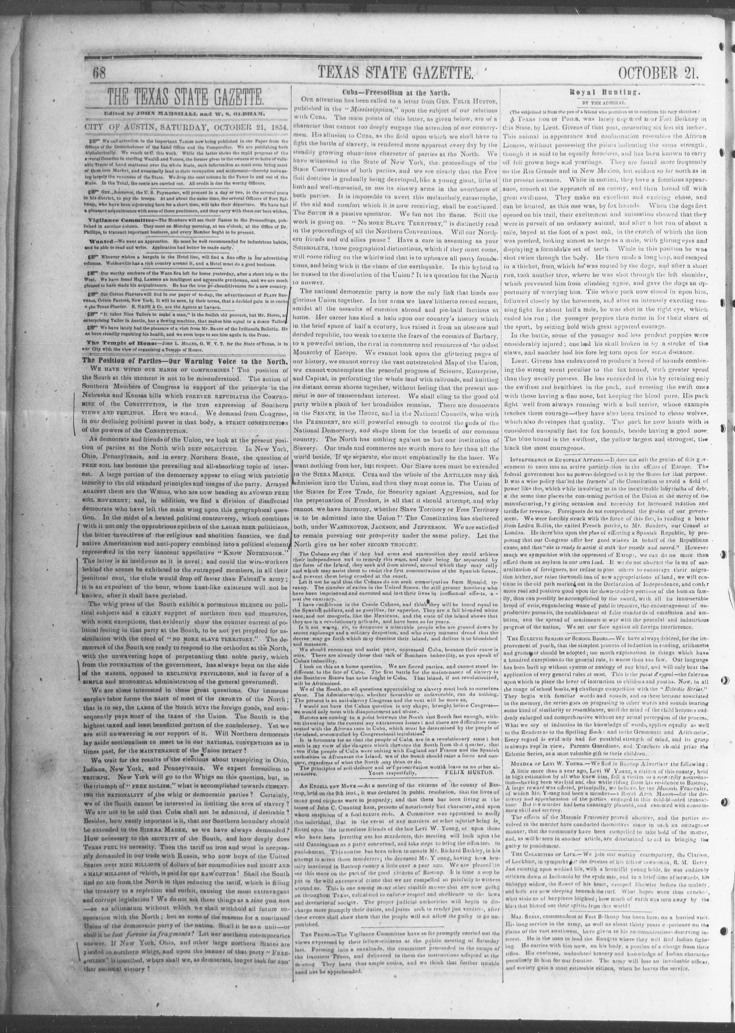 Texas State Gazette. (Austin, Tex.), Vol. 6, No. 9, Ed. 1, Saturday, October 21, 1854
                                                
                                                    [Sequence #]: 4 of 8
                                                