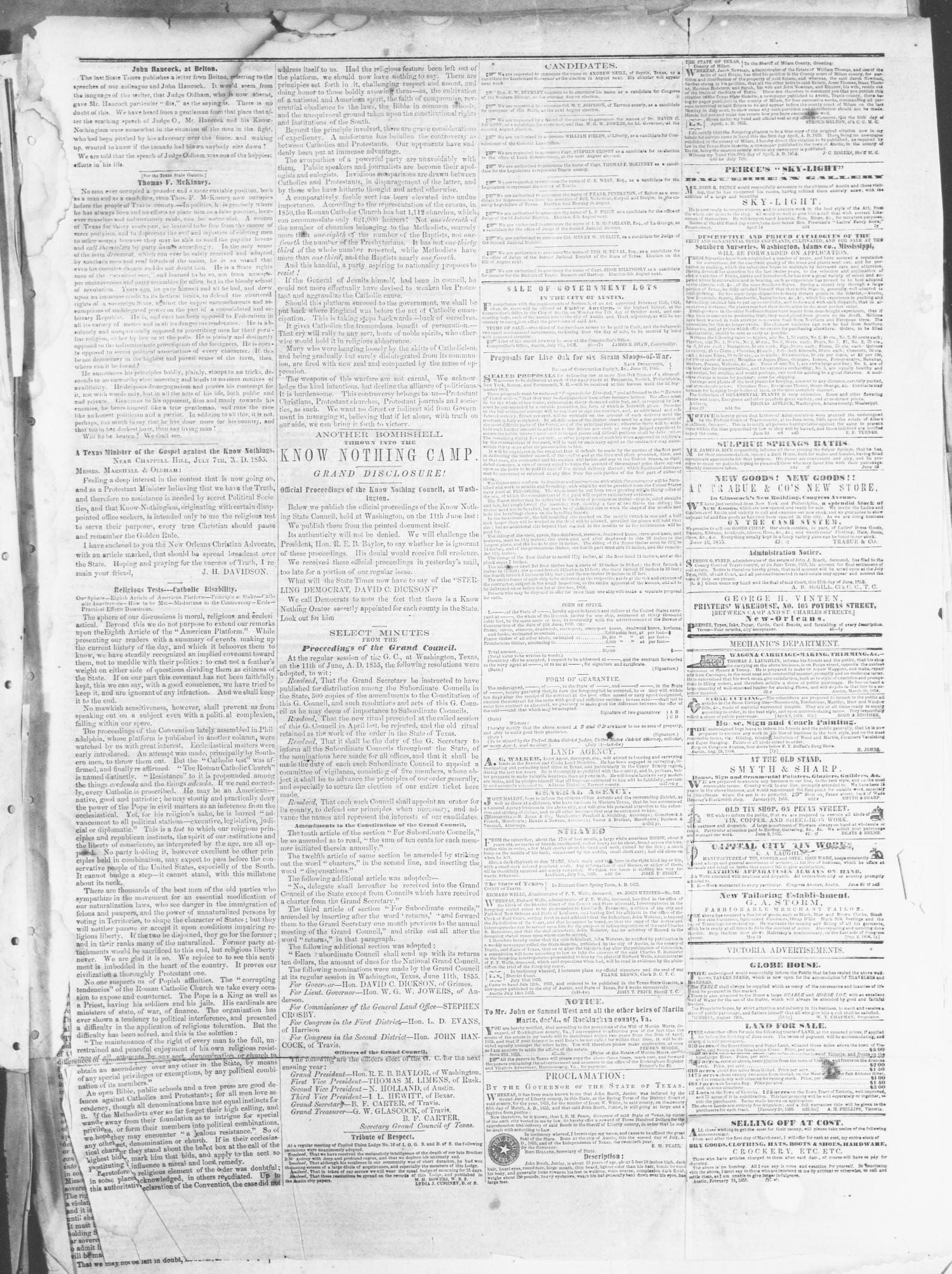 Texas State Gazette. (Austin, Tex.), Vol. 6, No. 48, Ed. 1, Saturday, July 14, 1855
                                                
                                                    [Sequence #]: 3 of 4
                                                