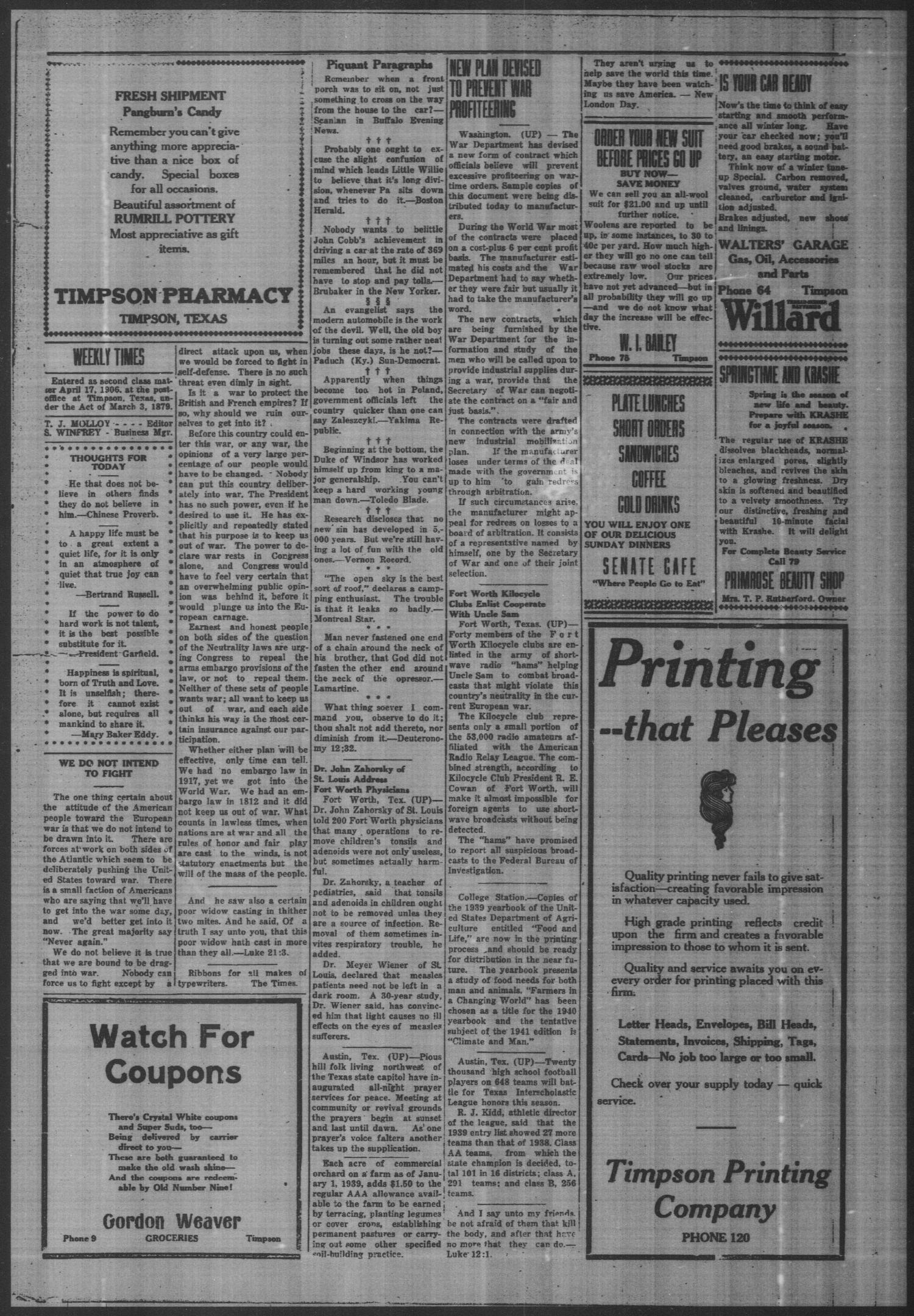 Timpson Weekly Times (Timpson, Tex.), Vol. 54, No. 42, Ed. 1 Friday, October 20, 1939
                                                
                                                    [Sequence #]: 2 of 8
                                                