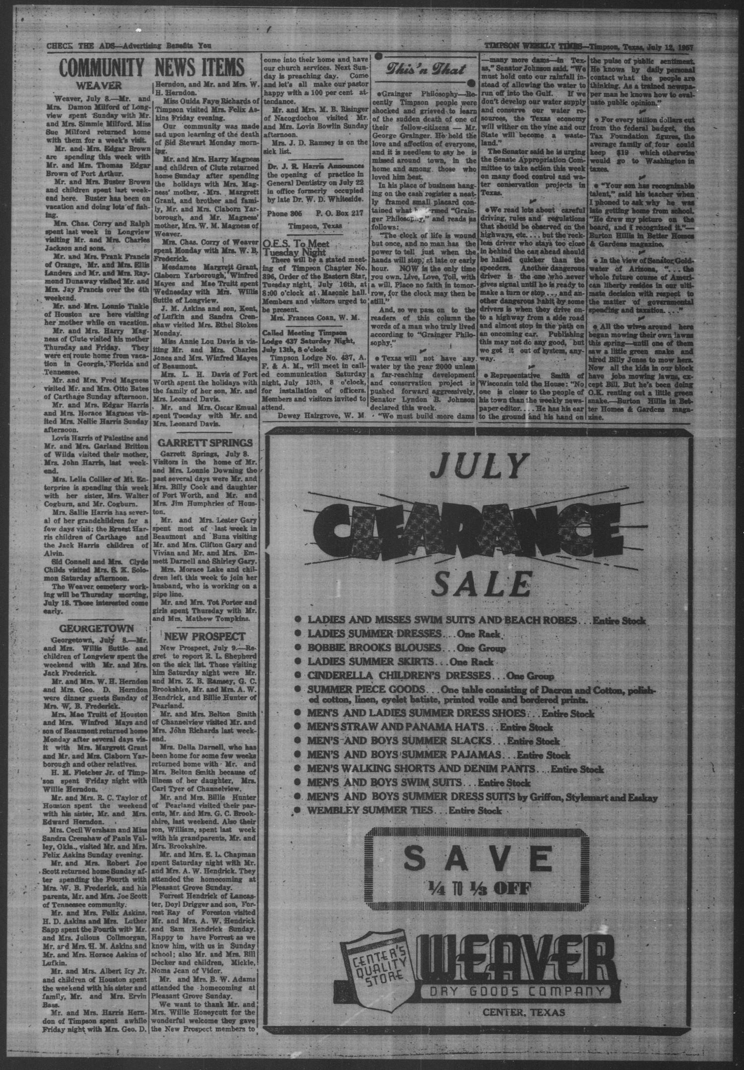 Timpson Weekly Times (Timpson, Tex.), Vol. 72, No. 28, Ed. 1 Friday, July 12, 1957
                                                
                                                    [Sequence #]: 4 of 10
                                                