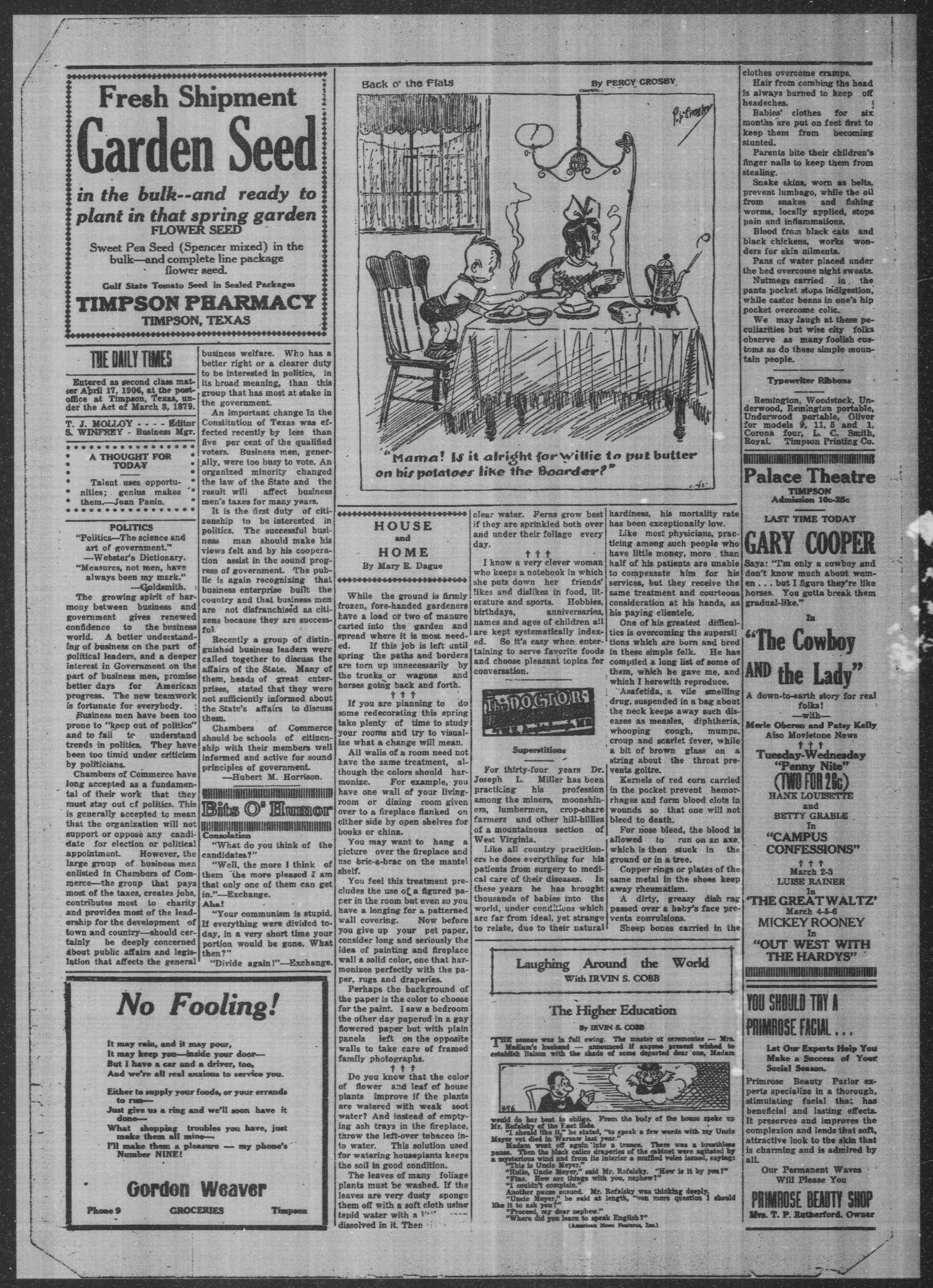 Timpson Daily Times (Timpson, Tex.), Vol. 38, No. 41, Ed. 1 Monday, February 27, 1939
                                                
                                                    [Sequence #]: 2 of 4
                                                