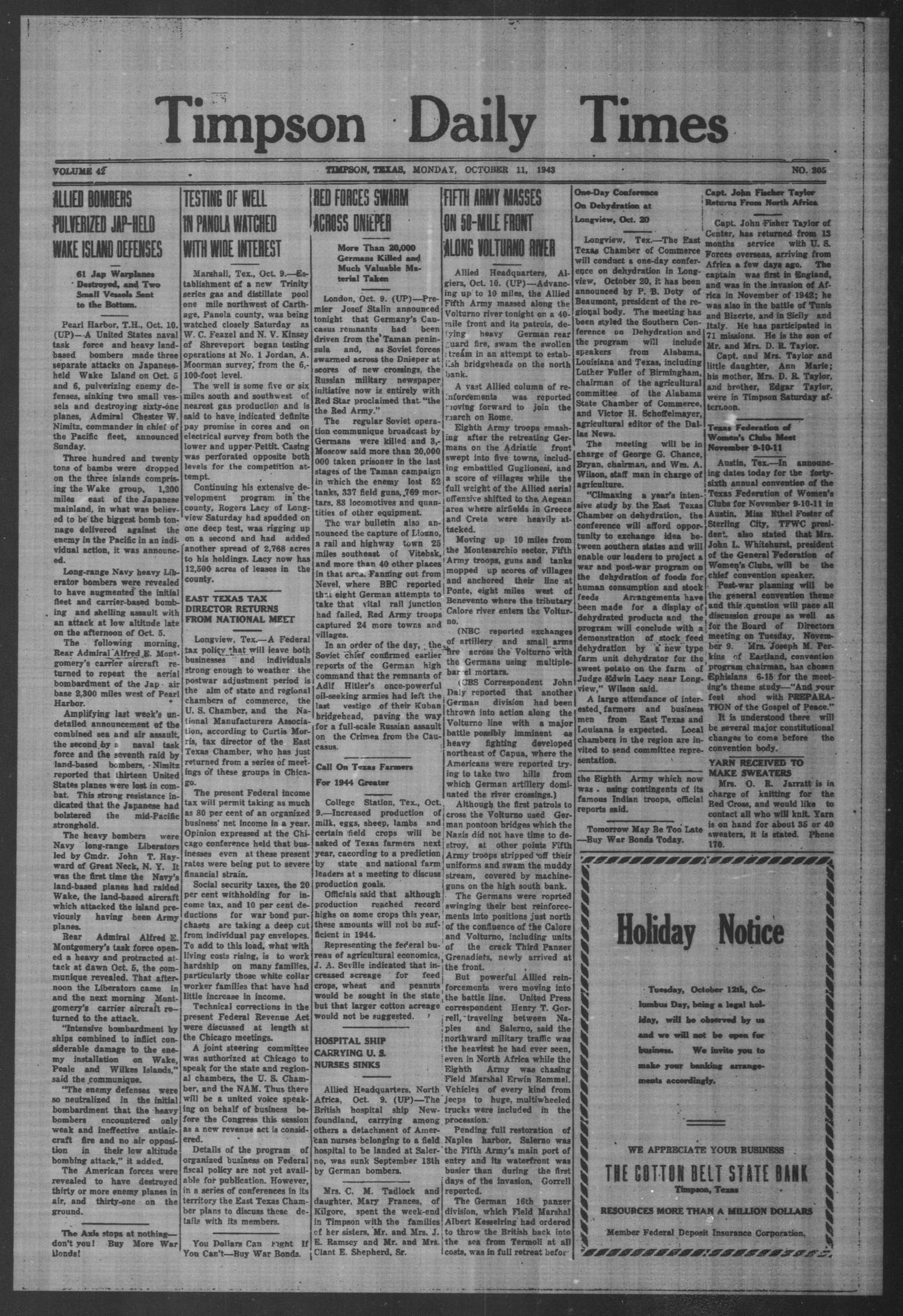 Timpson Daily Times (Timpson, Tex.), Vol. 42, No. 205, Ed. 1 Monday, October 11, 1943
                                                
                                                    [Sequence #]: 1 of 4
                                                