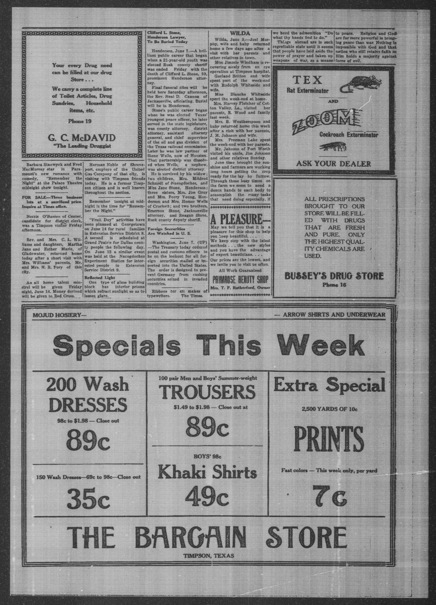 Timpson Daily Times (Timpson, Tex.), Vol. 55, No. 115, Ed. 1 Saturday, June 8, 1940
                                                
                                                    [Sequence #]: 3 of 4
                                                