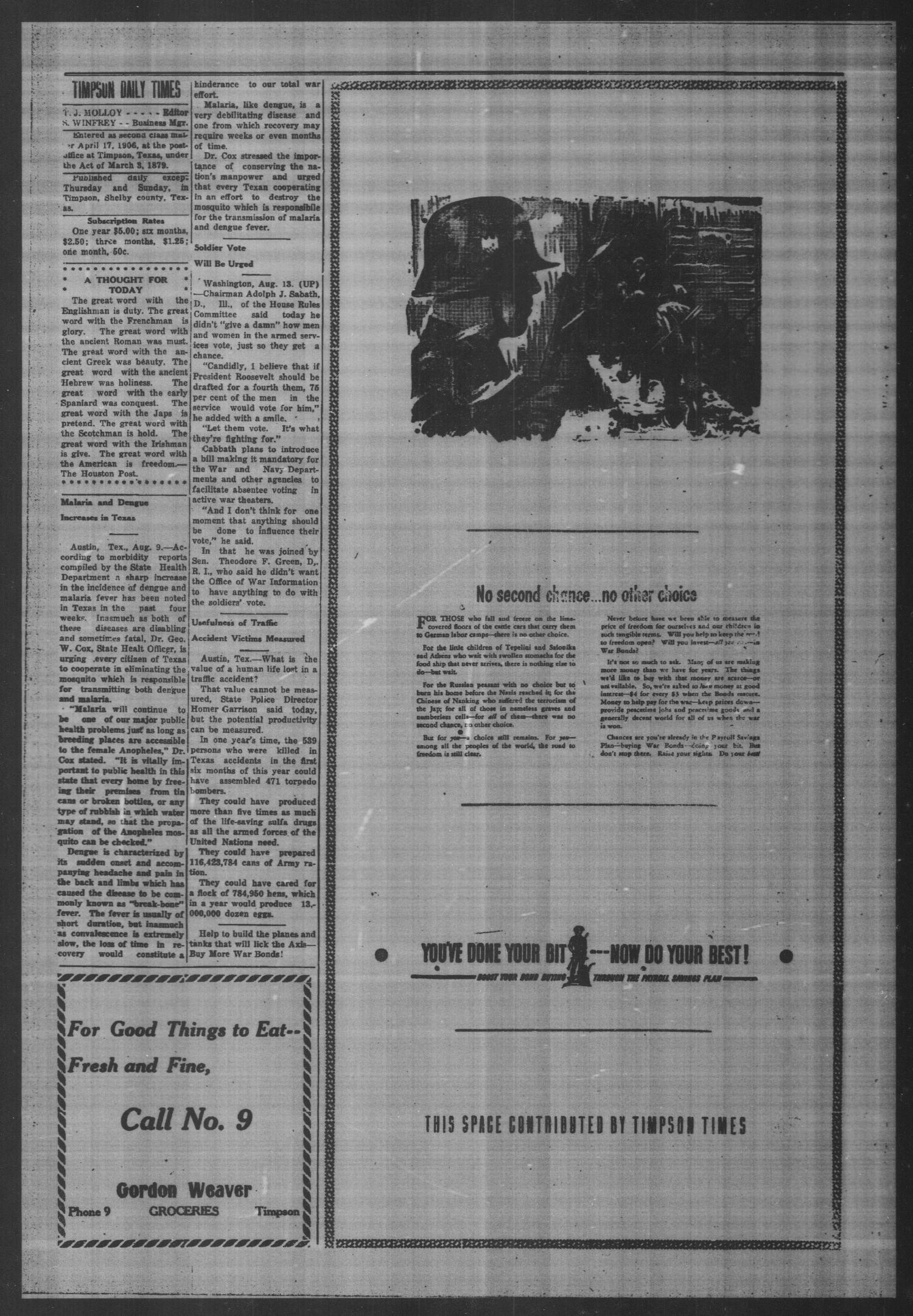 Timpson Daily Times (Timpson, Tex.), Vol. 42, No. 165, Ed. 1 Monday, August 16, 1943
                                                
                                                    [Sequence #]: 2 of 4
                                                