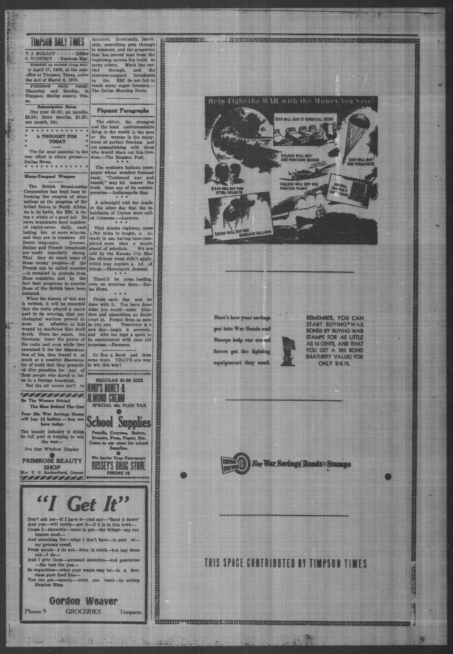 Timpson Daily Times (Timpson, Tex.), Vol. 41, No. 234, Ed. 1 Friday, November 27, 1942
                                                
                                                    [Sequence #]: 2 of 4
                                                