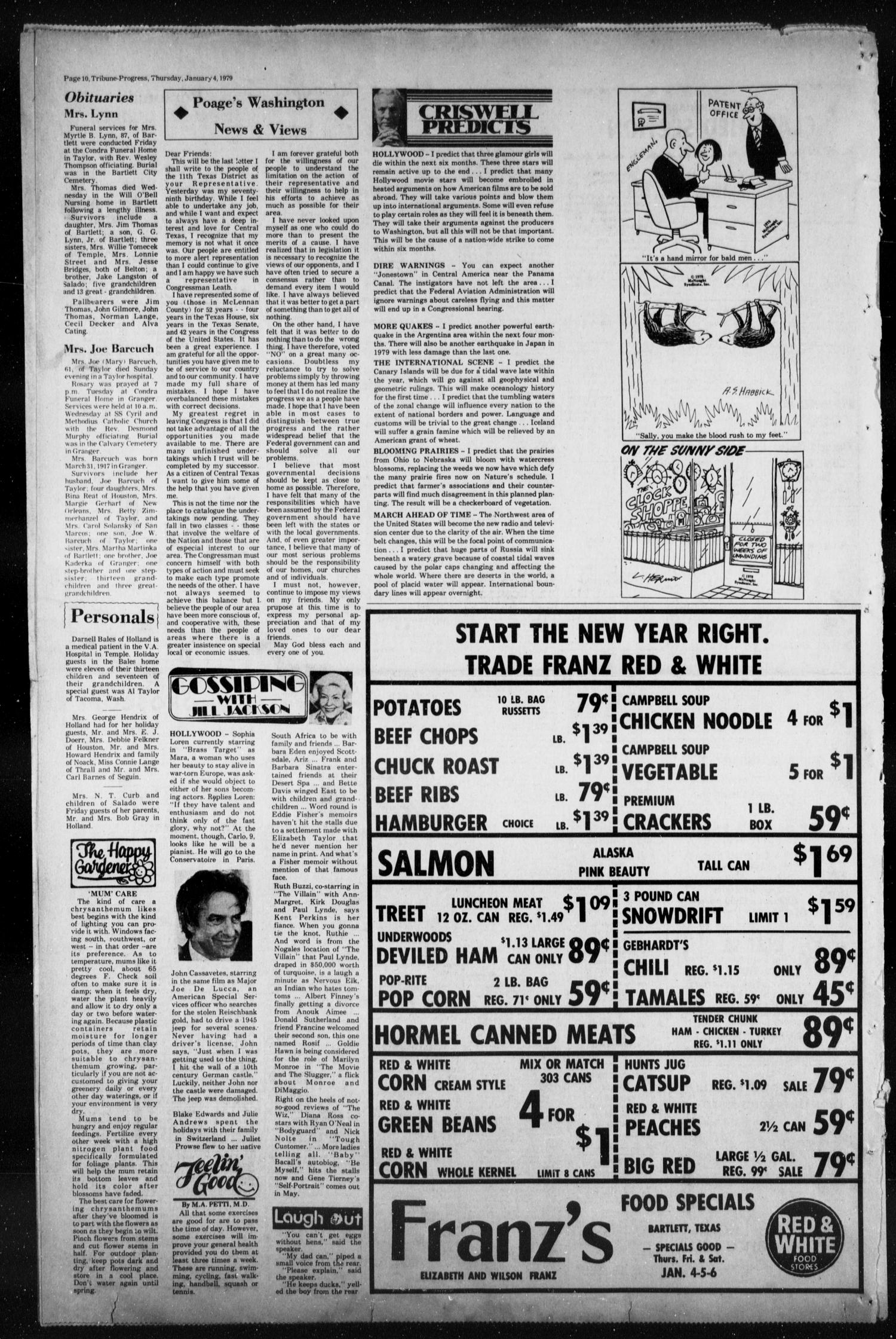 Tribune-Progress (Bartlett, Tex.), Vol. 92, No. 12, Ed. 1, Thursday, January 4, 1979
                                                
                                                    [Sequence #]: 10 of 10
                                                