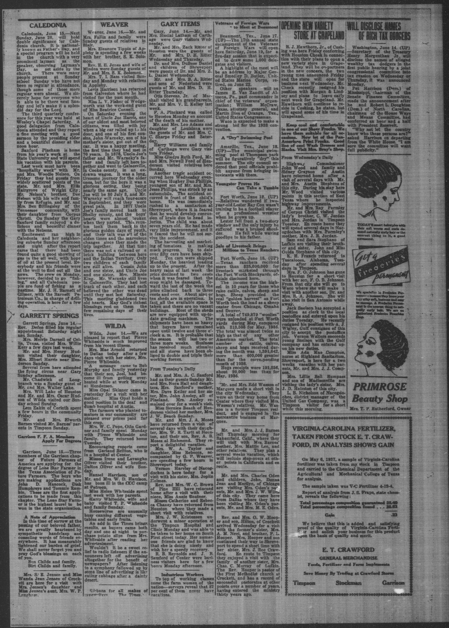 Timpson Weekly Times (Timpson, Tex.), Vol. 52, No. 25, Ed. 1 Friday, June 18, 1937
                                                
                                                    [Sequence #]: 4 of 8
                                                