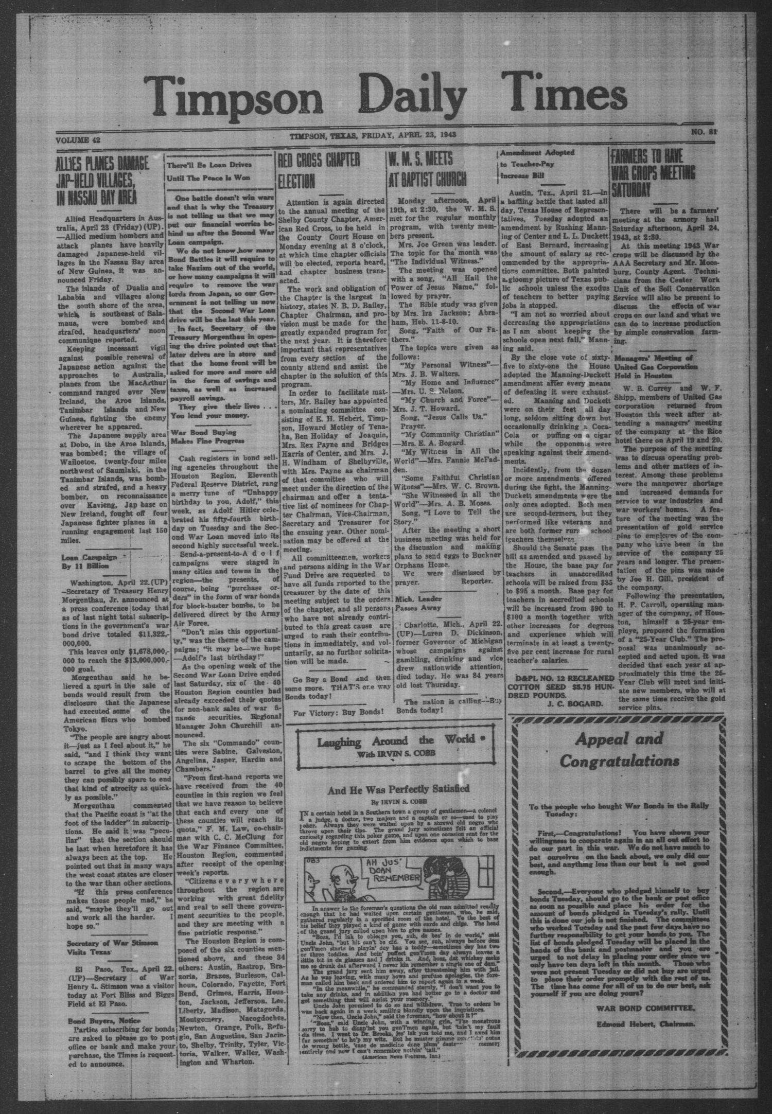 Timpson Daily Times (Timpson, Tex.), Vol. 42, No. 81, Ed. 1 Friday, April 23, 1943
                                                
                                                    [Sequence #]: 1 of 4
                                                