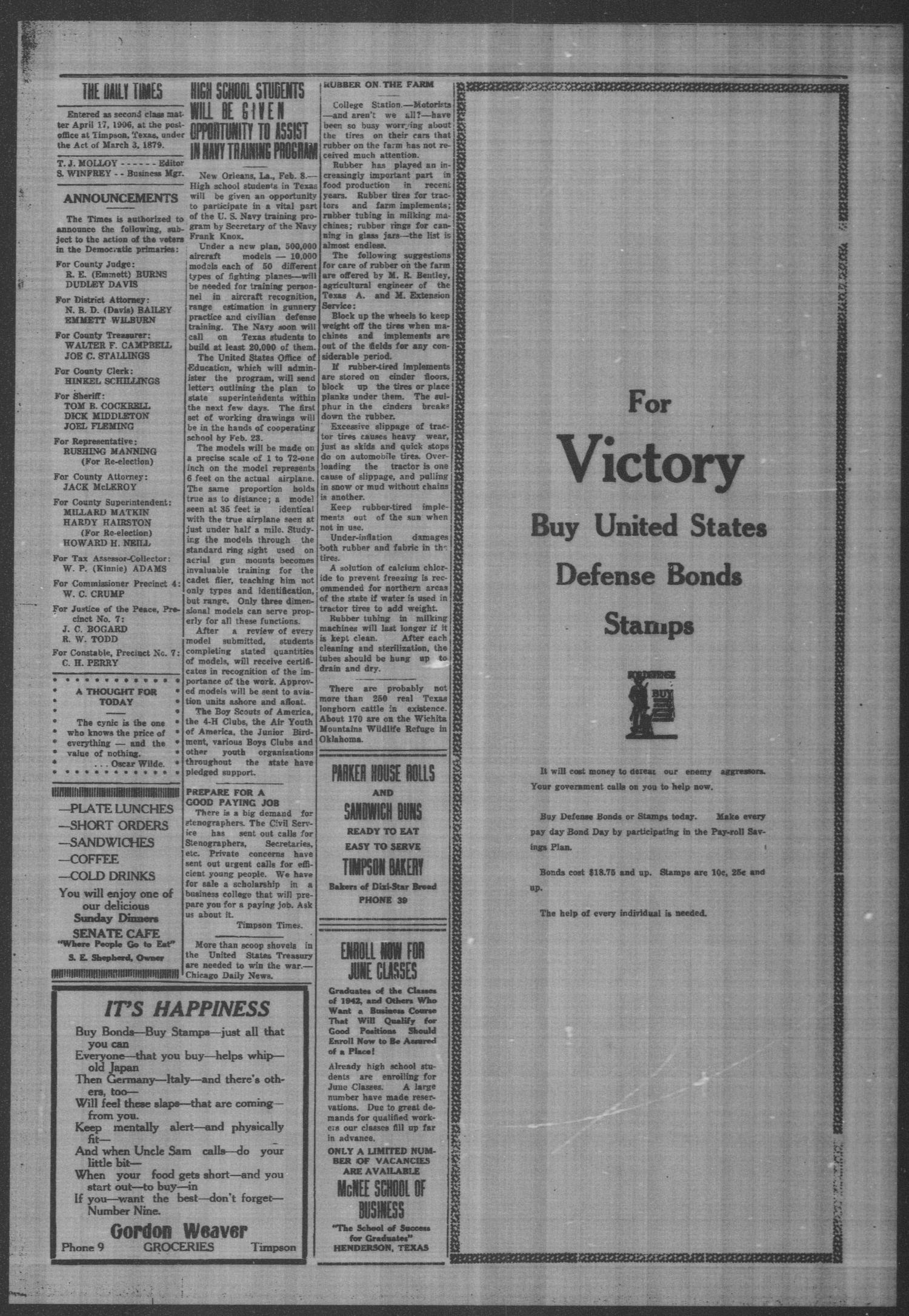 Timpson Daily Times (Timpson, Tex.), Vol. 41, No. 28, Ed. 1 Monday, February 9, 1942
                                                
                                                    [Sequence #]: 2 of 4
                                                