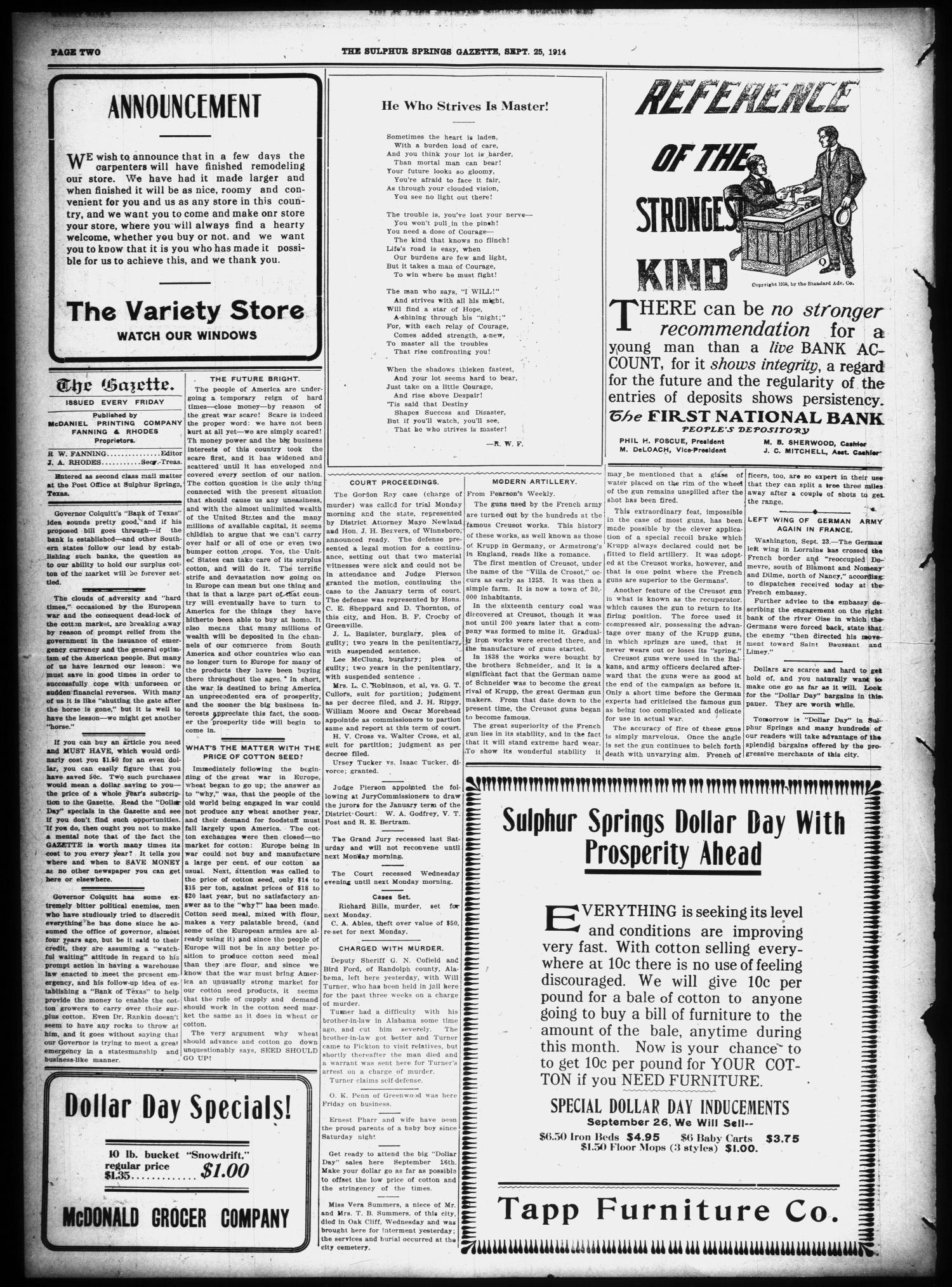 The Sulphur Springs Gazette. (Sulphur Springs, Tex.), Vol. 52, No. 49, Ed. 1 Friday, September 25, 1914
                                                
                                                    [Sequence #]: 2 of 16
                                                
