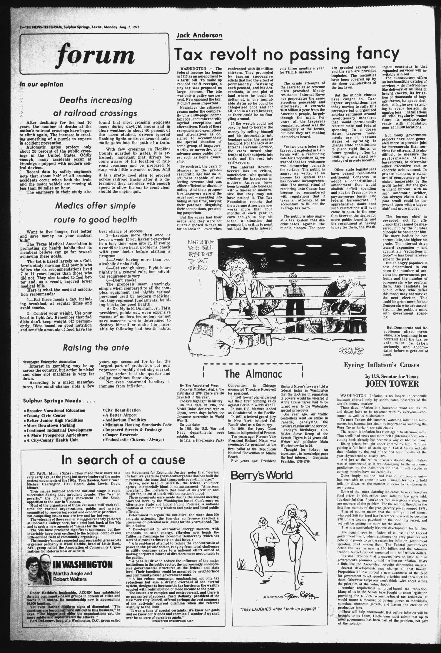 Sulphur Springs News-Telegram (Sulphur Springs, Tex.), Vol. 100, No. 186, Ed. 1 Monday, August 7, 1978
                                                
                                                    [Sequence #]: 2 of 10
                                                