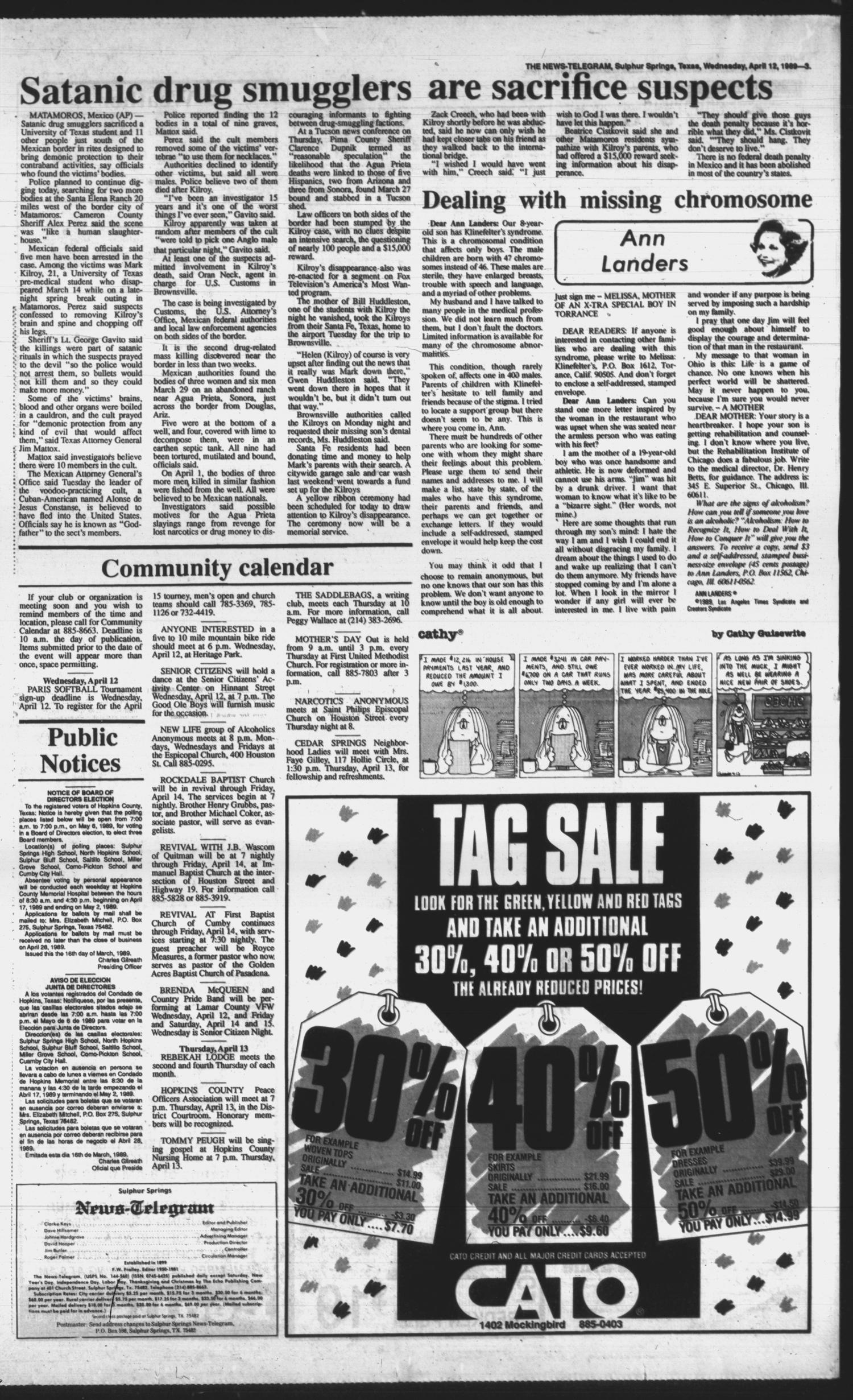 Sulphur Springs News-Telegram (Sulphur Springs, Tex.), Vol. 111, No. 87, Ed. 1 Wednesday, April 12, 1989
                                                
                                                    [Sequence #]: 3 of 14
                                                