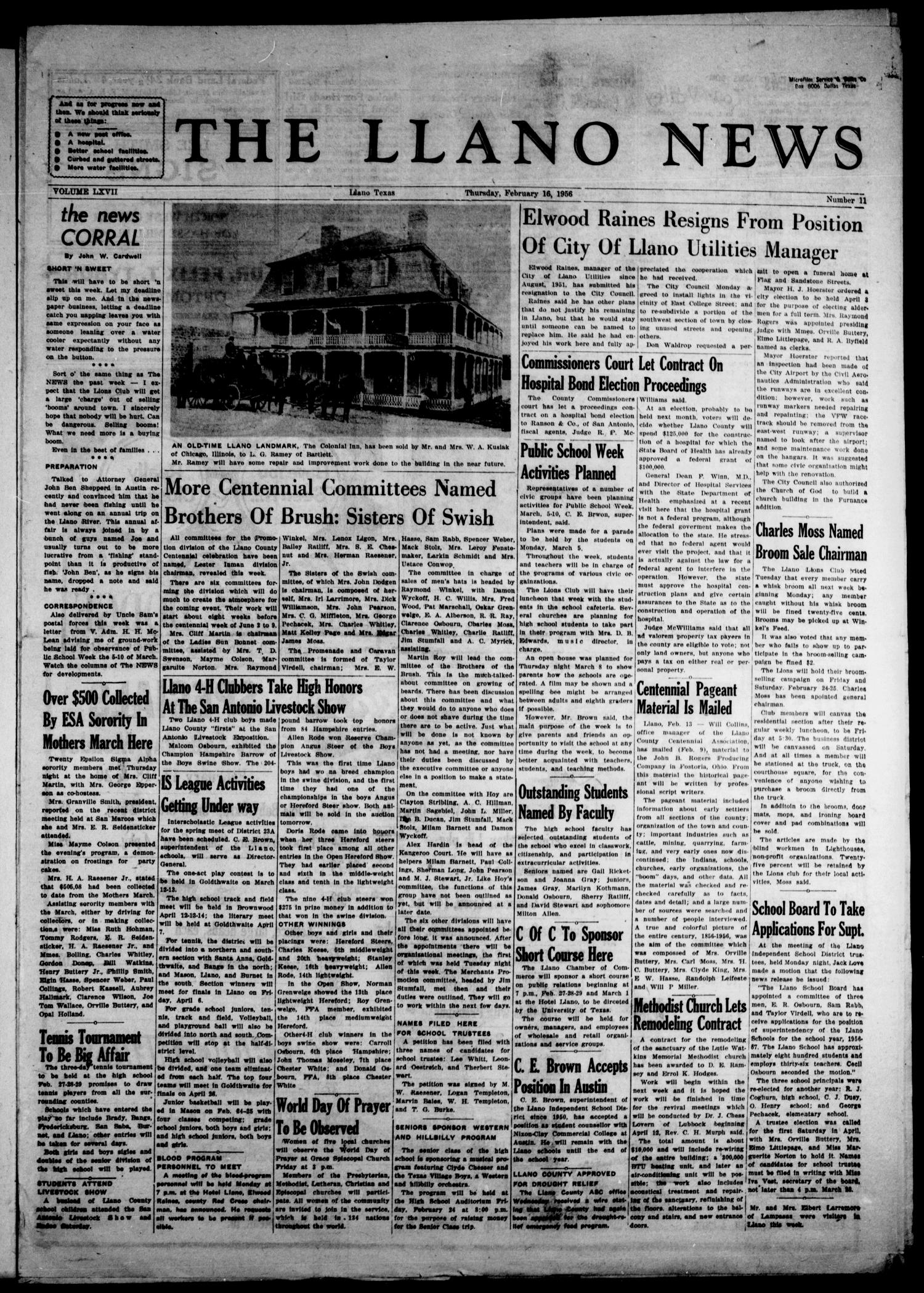 The Llano News (Llano, Tex.), Vol. 67, No. 11, Ed. 1 Thursday, February 16, 1956
                                                
                                                    [Sequence #]: 1 of 8
                                                