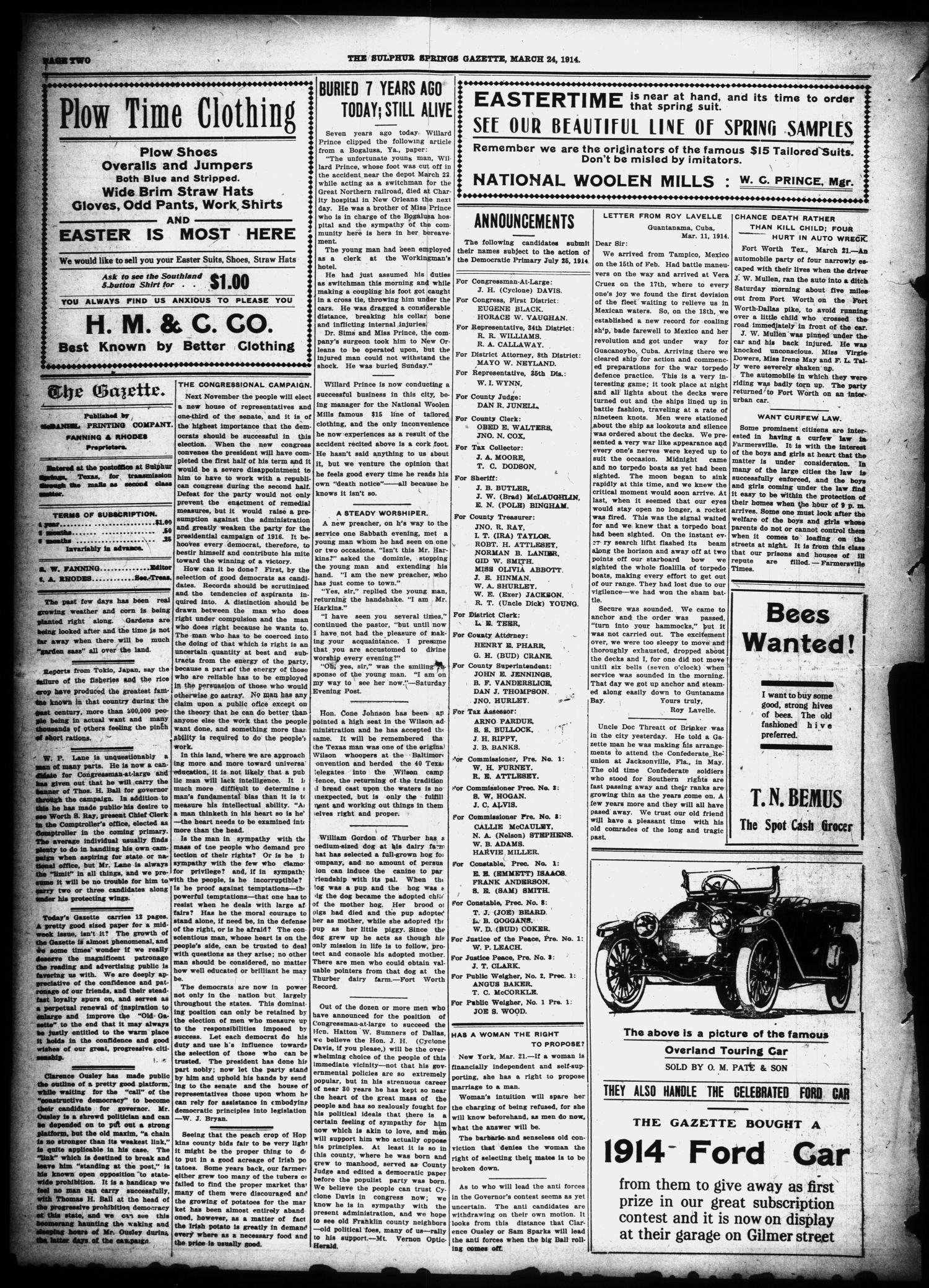 The Sulphur Springs Gazette. (Sulphur Springs, Tex.), Vol. 52, No. 17, Ed. 1 Tuesday, March 24, 1914
                                                
                                                    [Sequence #]: 2 of 12
                                                