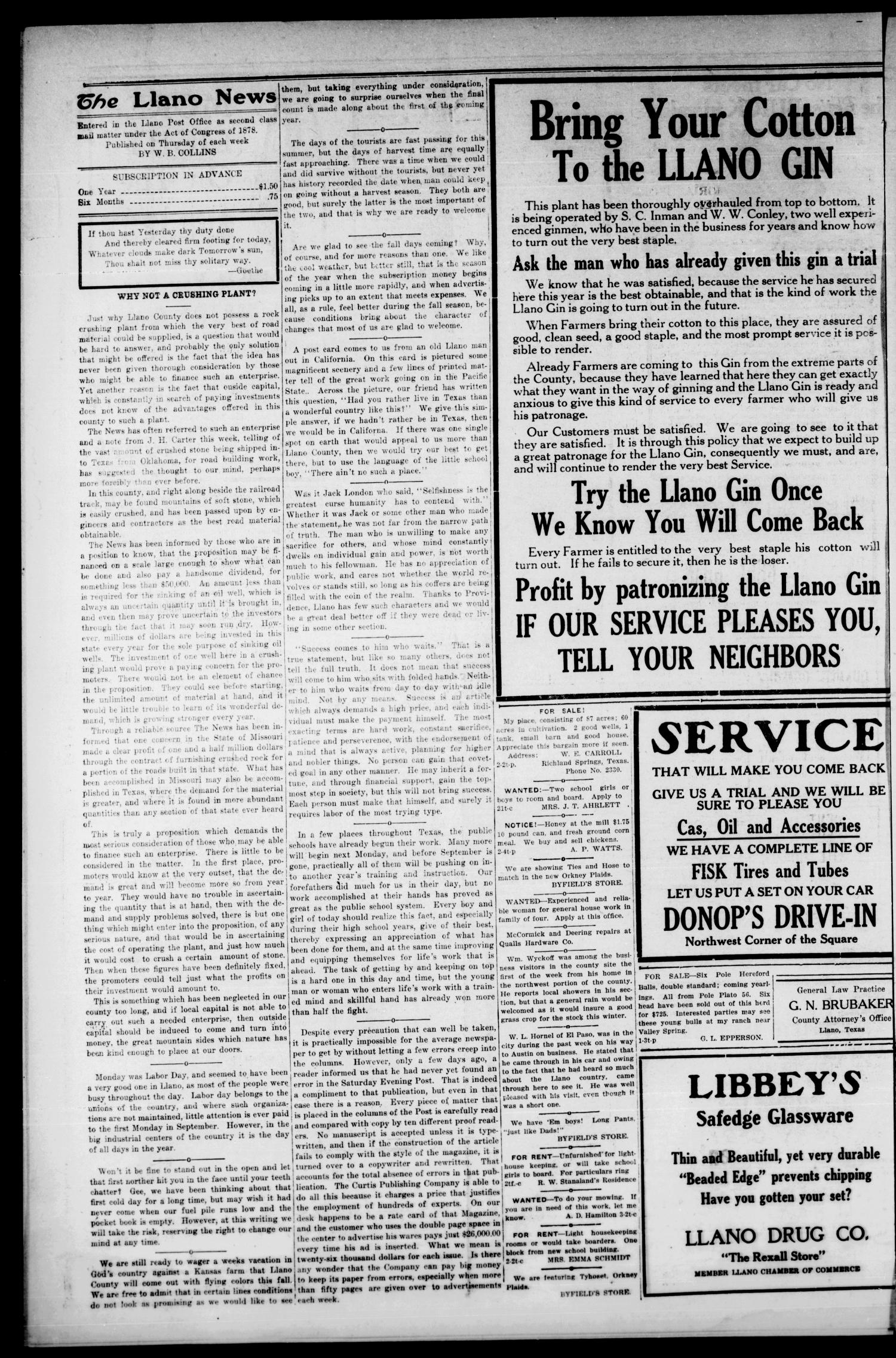 The Llano News. (Llano, Tex.), Vol. 38, No. 3, Ed. 1 Thursday, September 10, 1925
                                                
                                                    [Sequence #]: 4 of 8
                                                