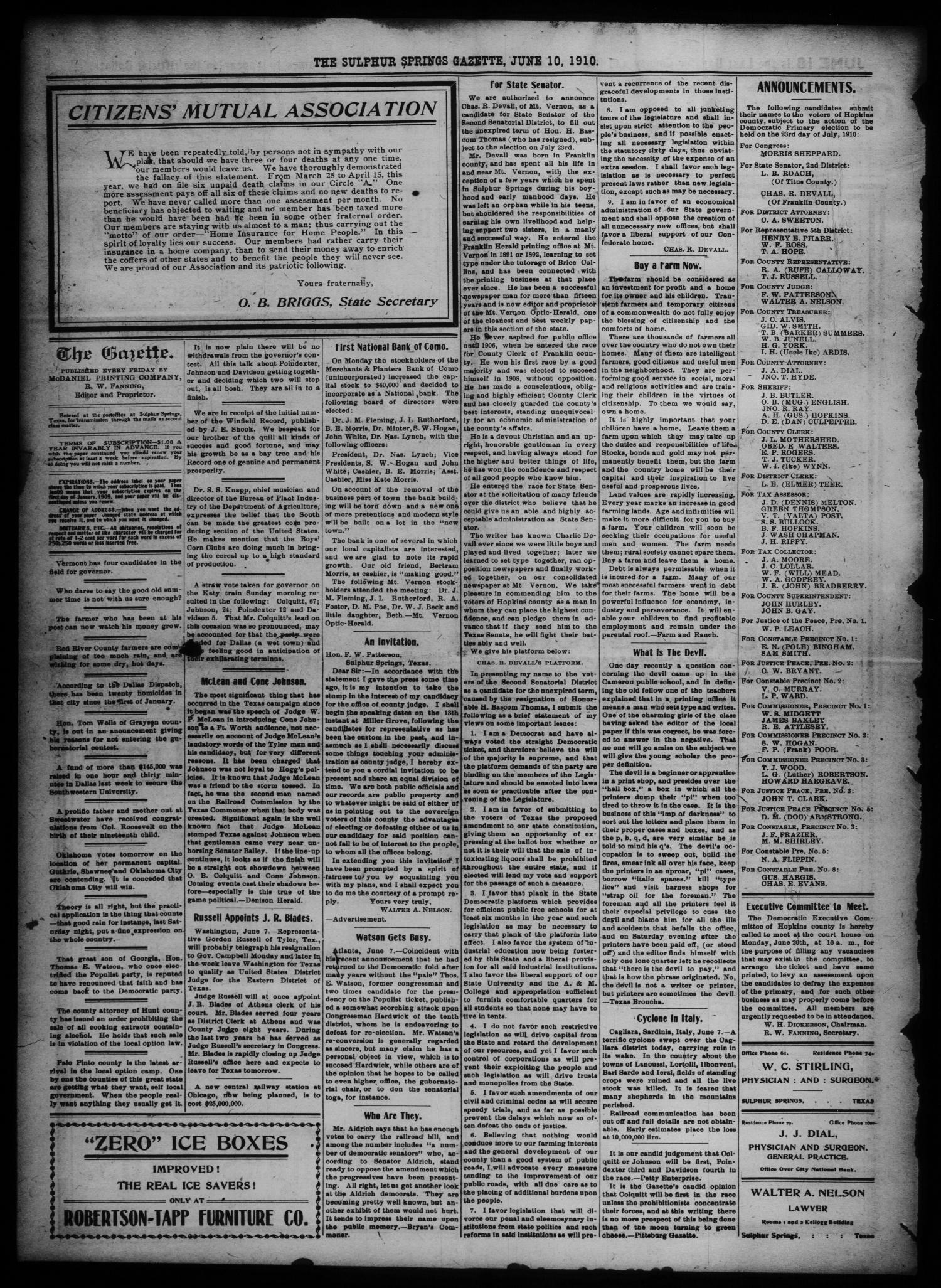 The Sulphur Springs Gazette. (Sulphur Springs, Tex.), Vol. 48, No. 22, Ed. 1 Friday, June 10, 1910
                                                
                                                    [Sequence #]: 2 of 12
                                                