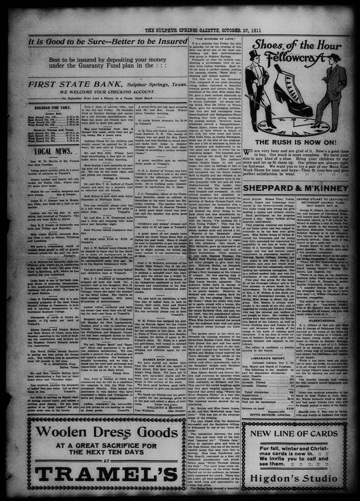 The Sulphur Springs Gazette. (Sulphur Springs, Tex.), Vol. 49, No. 41, Ed. 1 Friday, October 20, 1911
                                                
                                                    [Sequence #]: 3 of 8
                                                